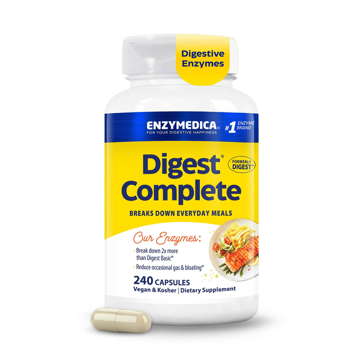 Enzymedica Digest Complete frente del envase mostrando 240 cápsulas y claridad del producto