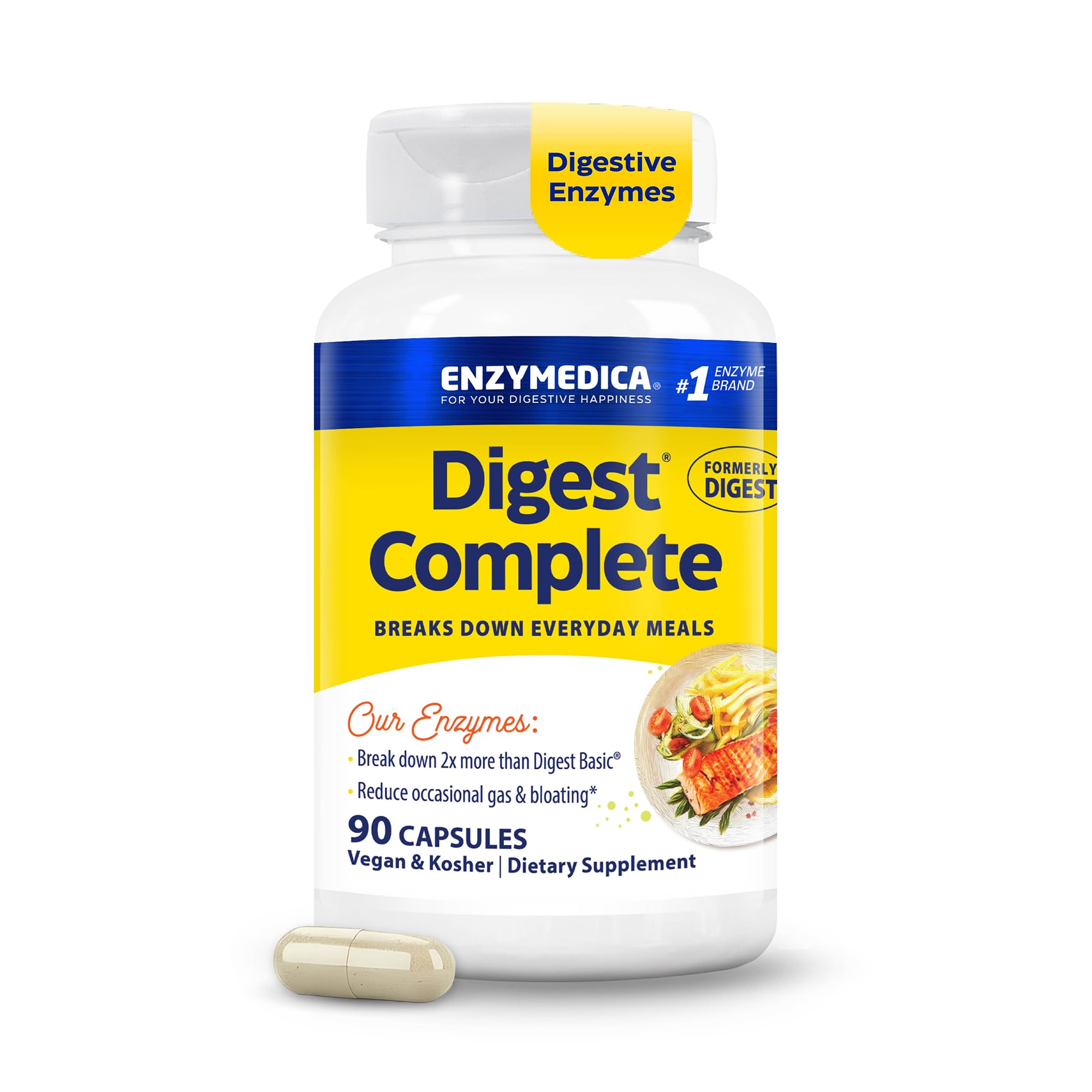 Enzymedica frasco frontal mostrando Digest Complete y claridad del envase