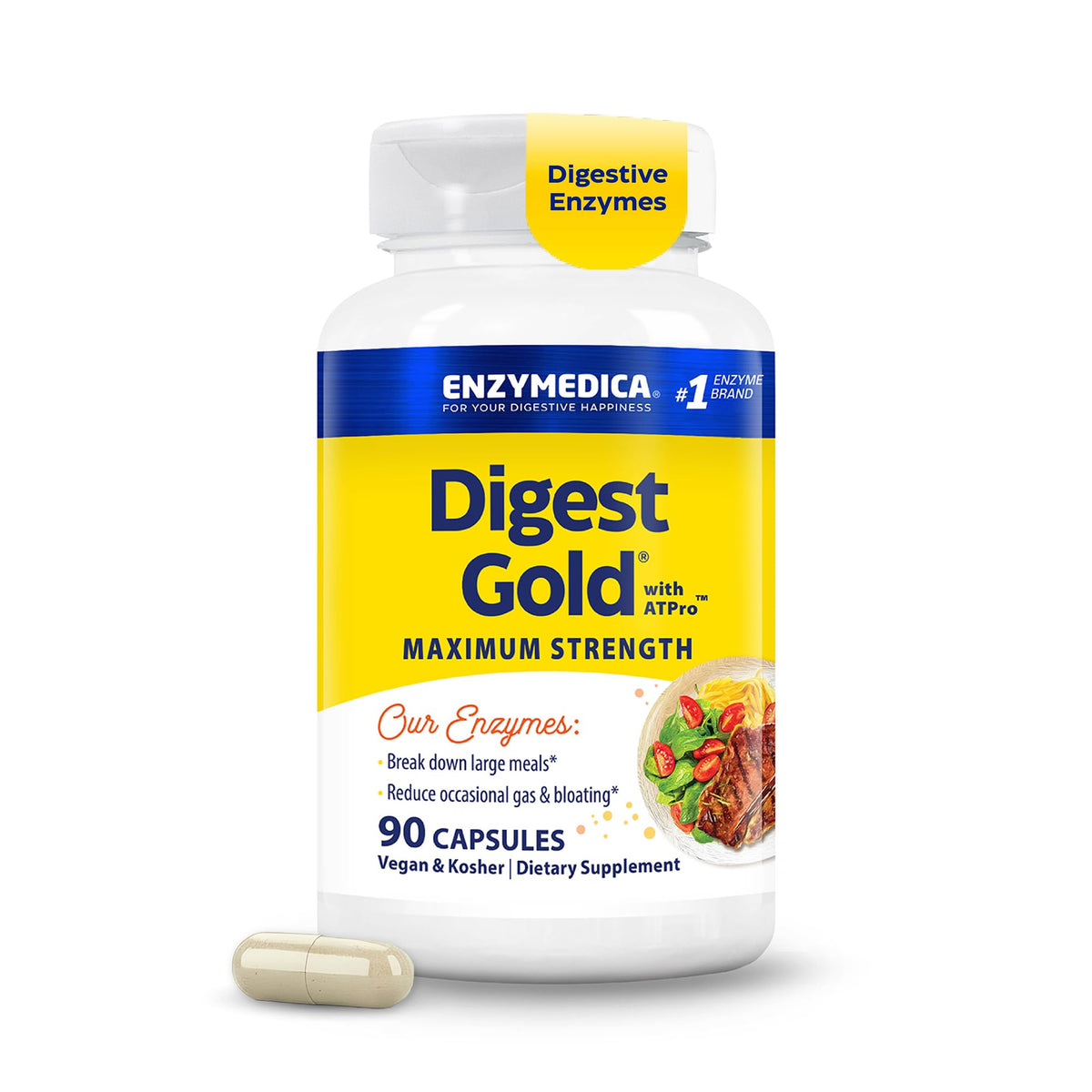 Enzymedica frasco frontal mostrando Digest Gold y claridad del envase