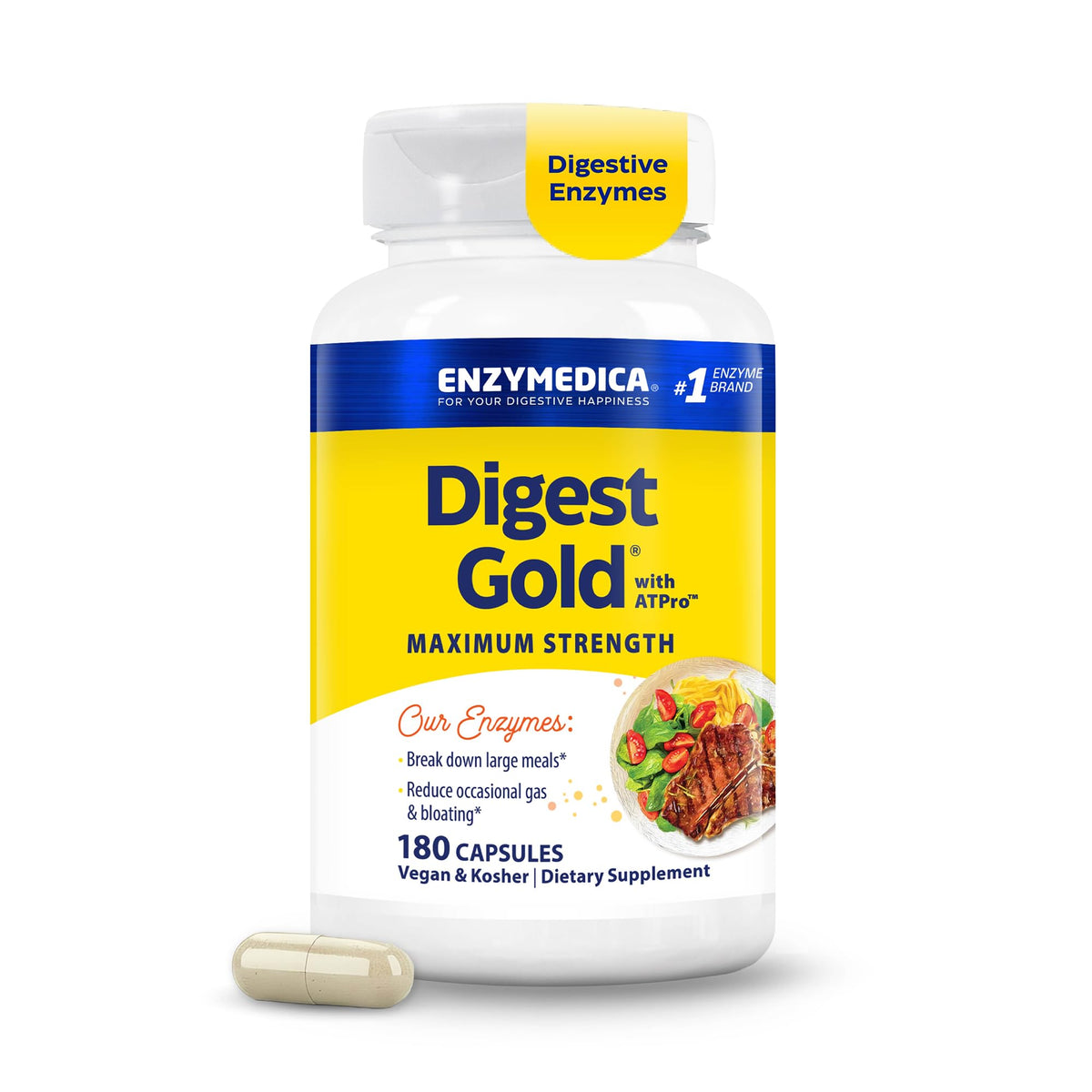 Enzymedica Digest Gold frontal del envase mostrando etiqueta clara y beneficios