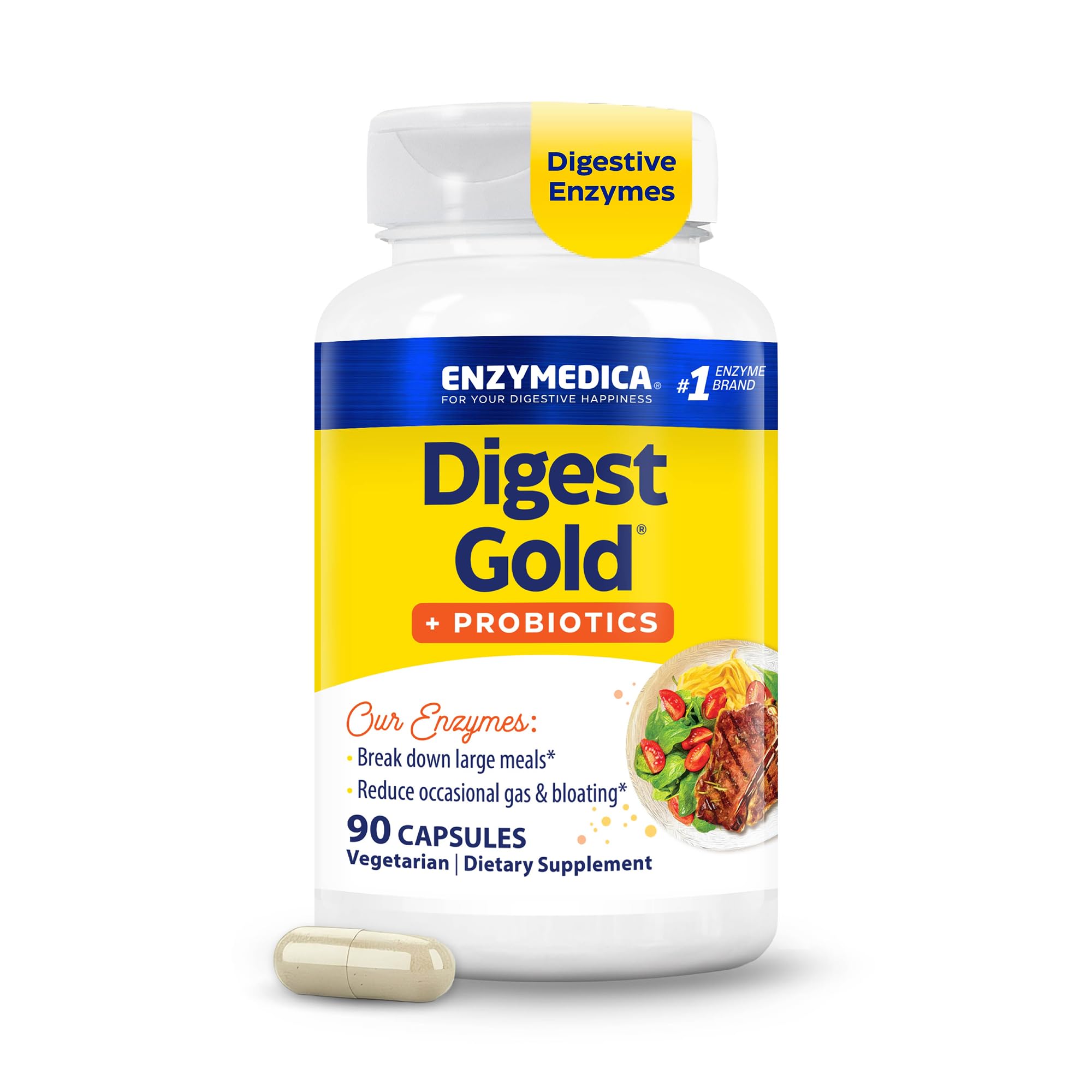 Enzymedica Digest Gold + Probiotics frontal mostrando envase y beneficios rápidos