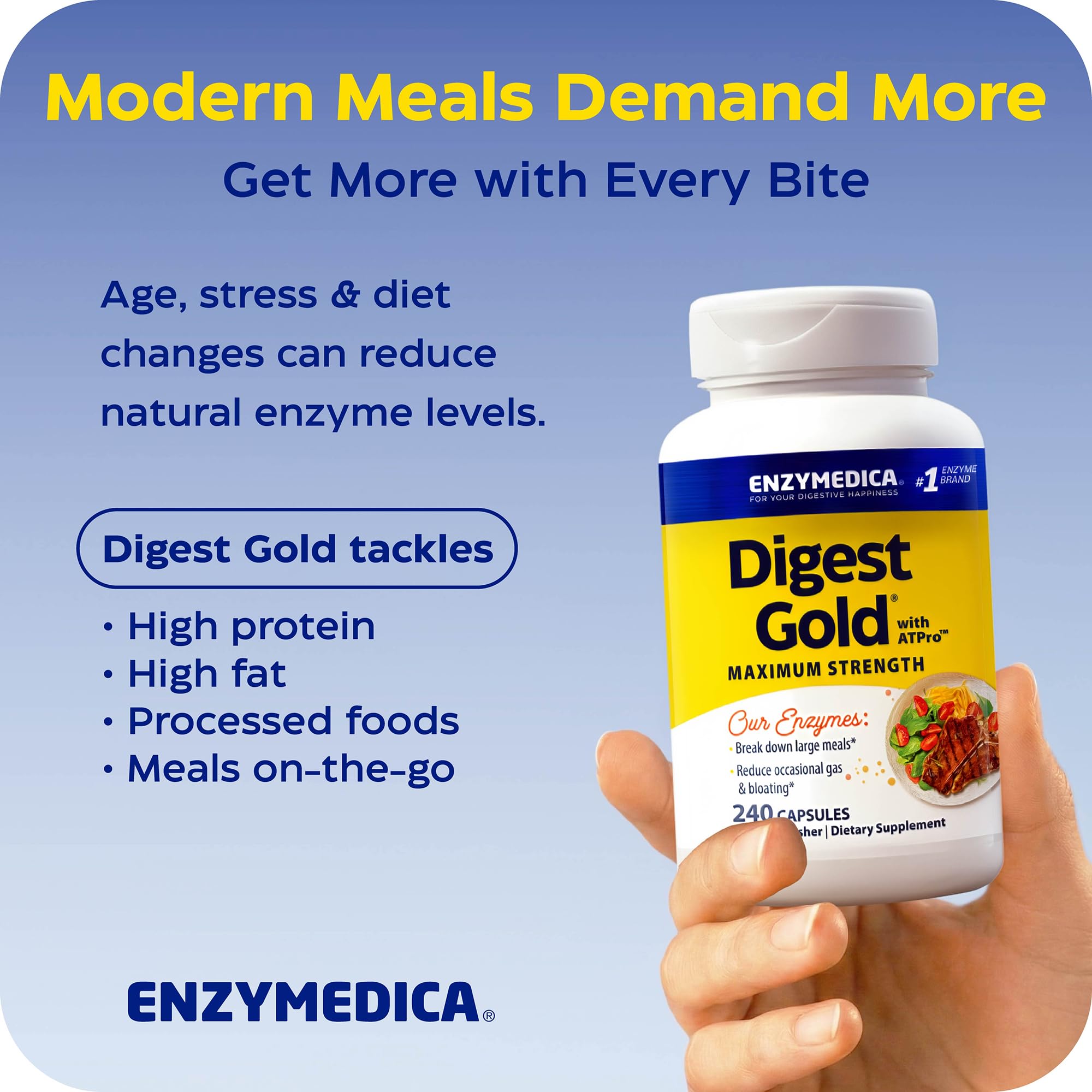 Enzymedica Digest Gold cápsula junto a botella de agua representando uso diario