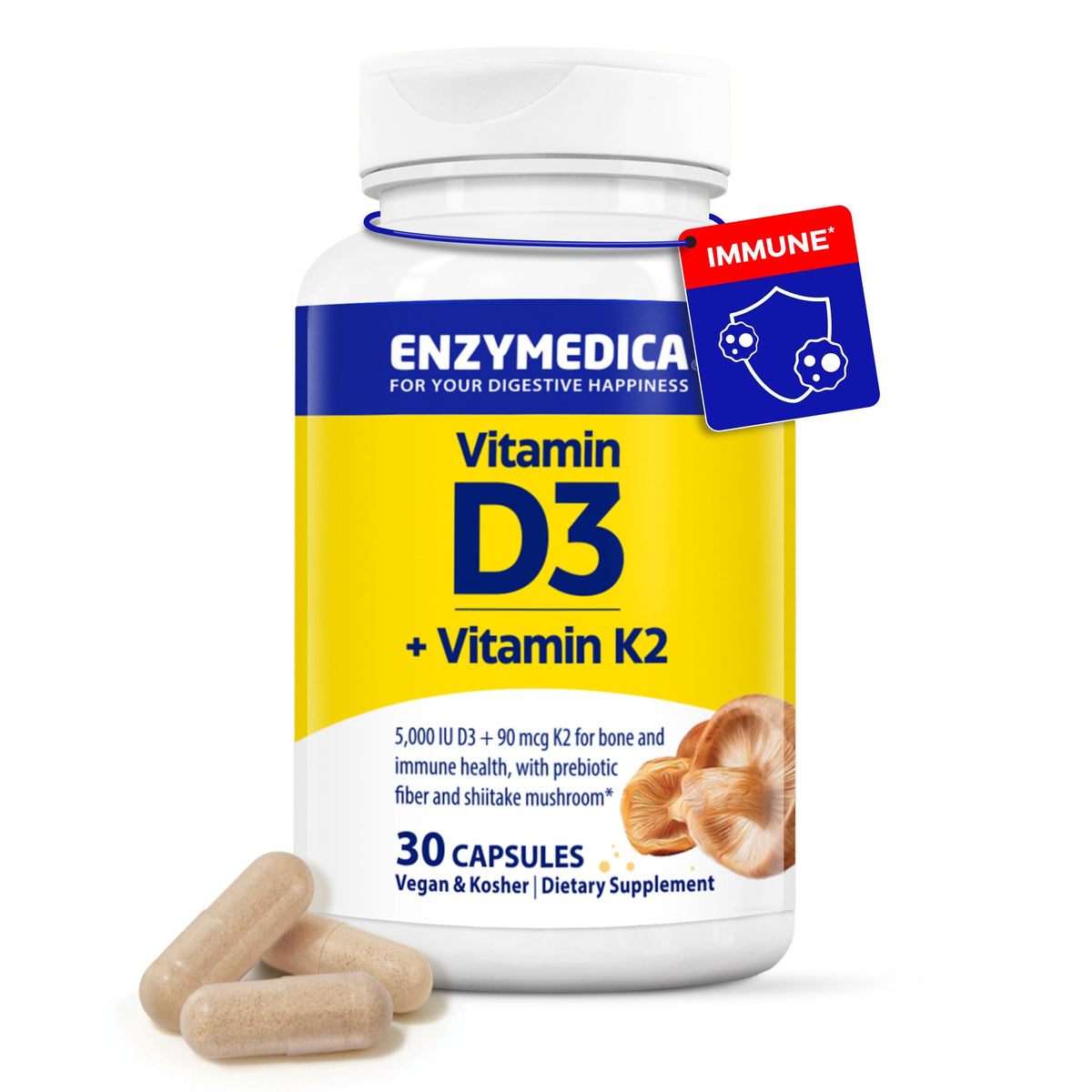Enzymedica envase frontal mostrando D3 5000 IU y K2 MK-7, claridad sobre beneficios