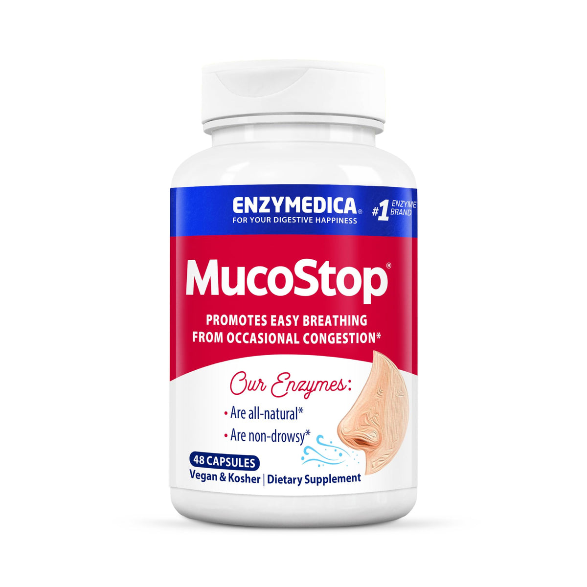Enzymedica frasco frontal MucoStop mostrando etiqueta y beneficio respiratorio