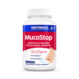 Enzymedica frasco frontal MucoStop mostrando etiqueta y beneficio respiratorio