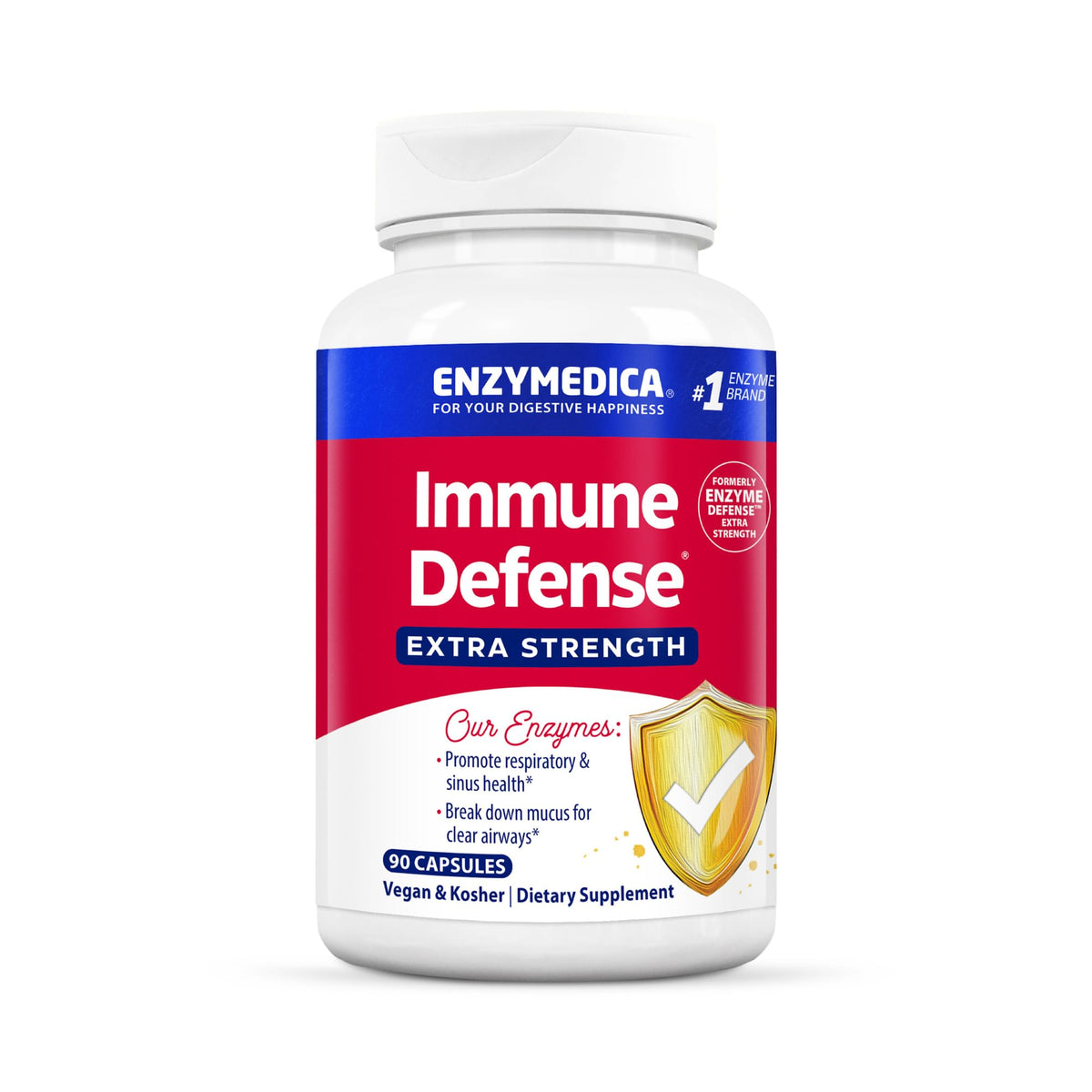 Enzymedica envase frontal mostrando 90 cápsulas y ventaja de doble potencia
