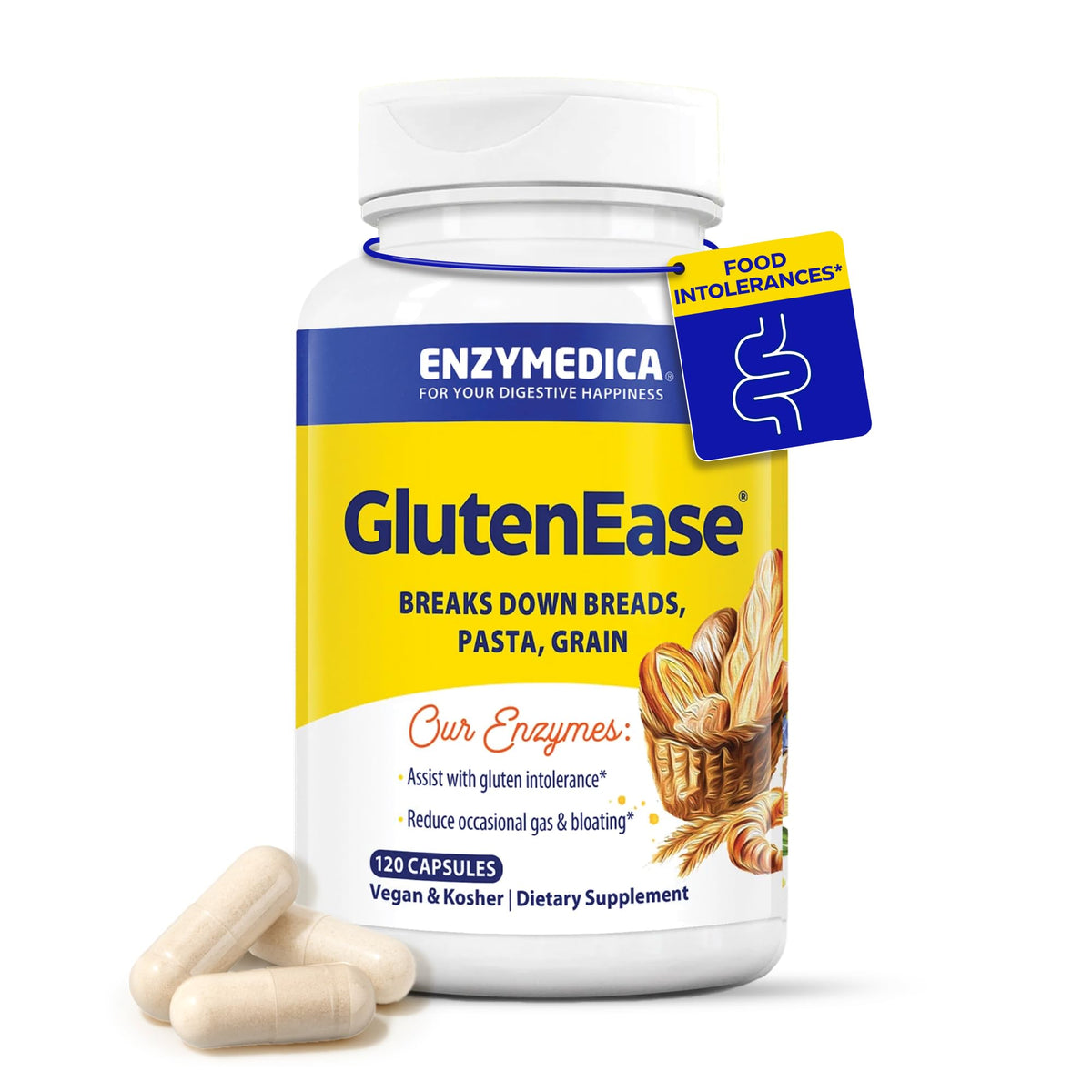 Enzymedica GlutenEase vista frontal mostrando botella y etiqueta útil