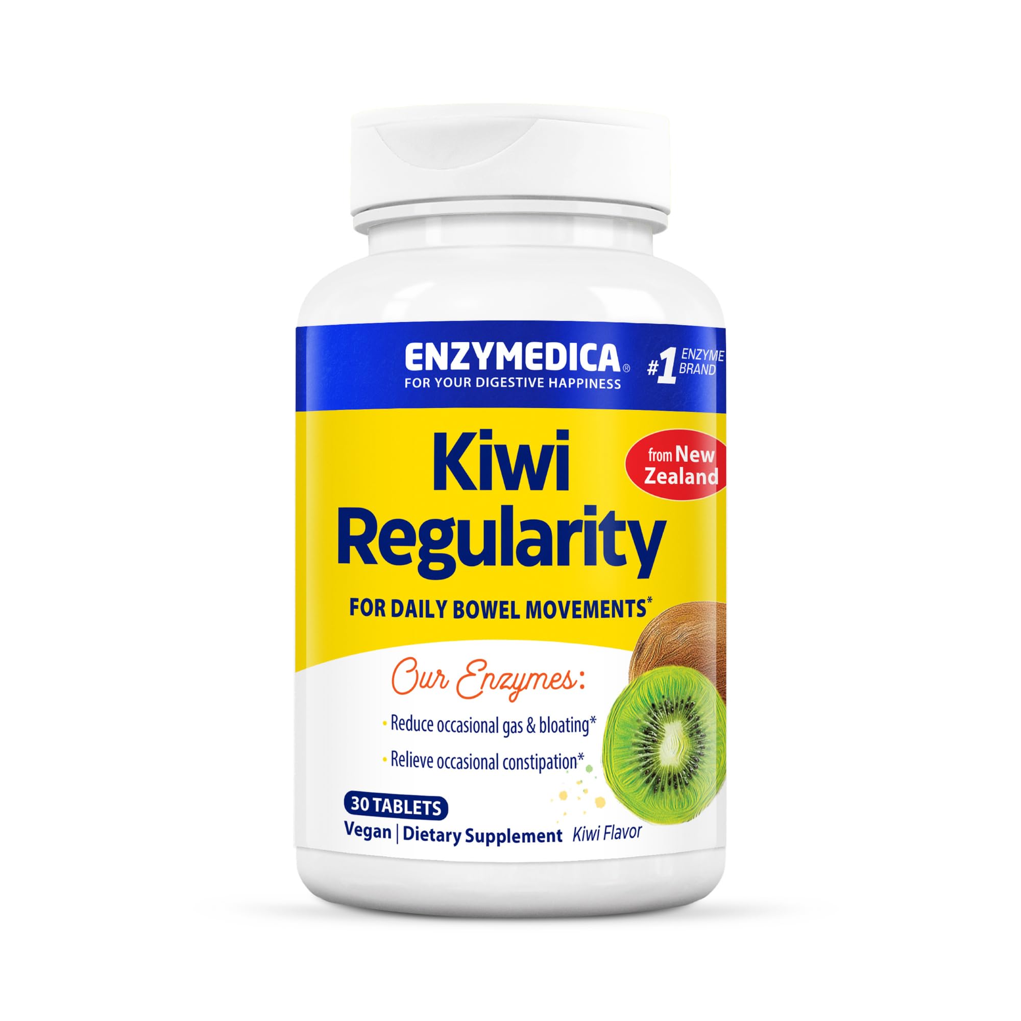 Enzymedica frasco Kiwi Regularity al frente mostrando etiqueta y beneficio de regularidad