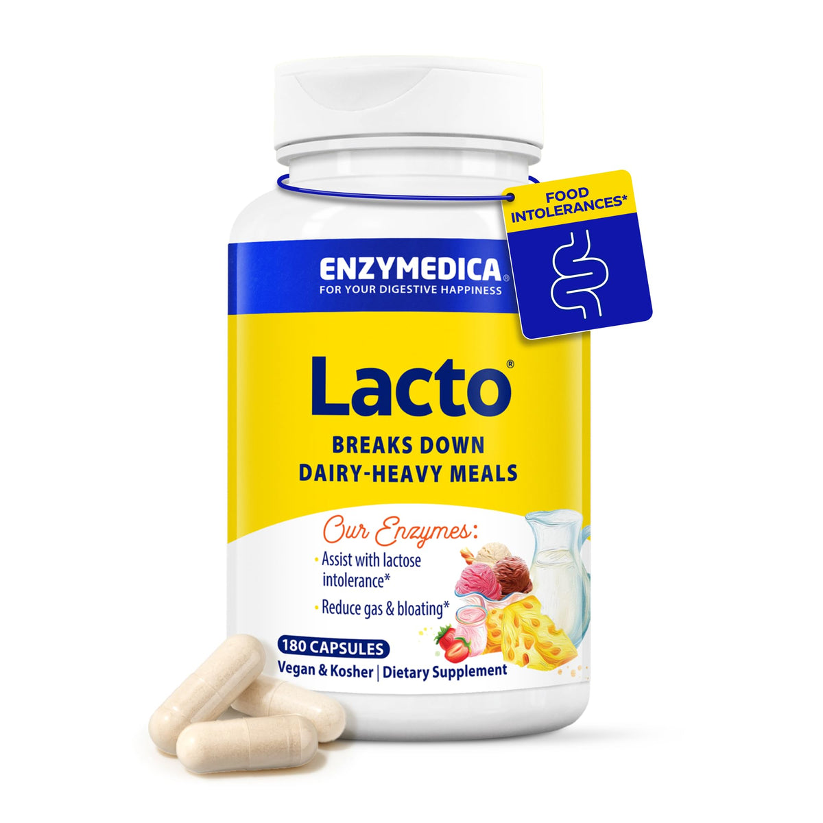 Enzymedica frasco frente mostrando 180 cápsulas y beneficio digestivo
