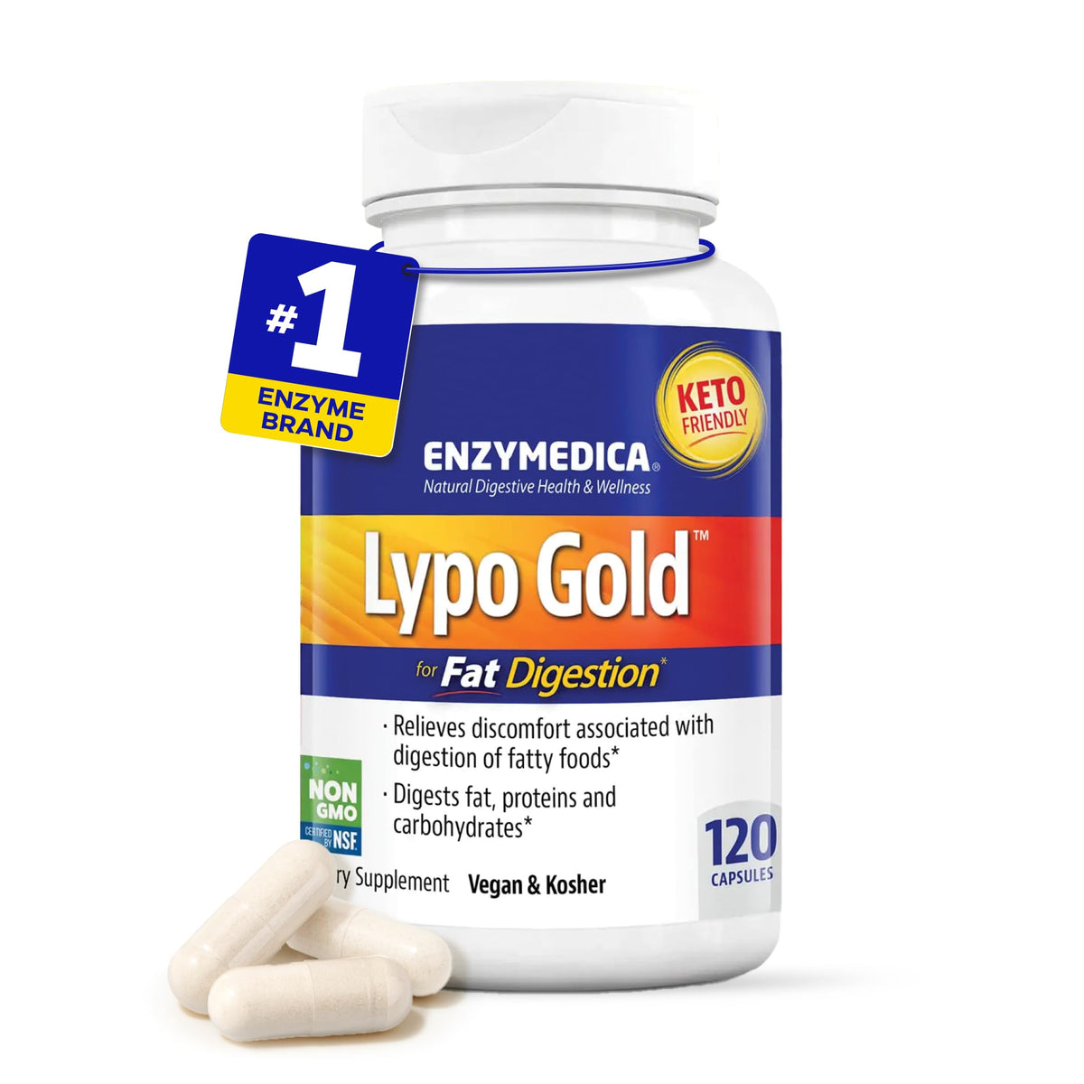 Enzymedica Lypo Gold frontal del envase mostrando presentación y beneficios