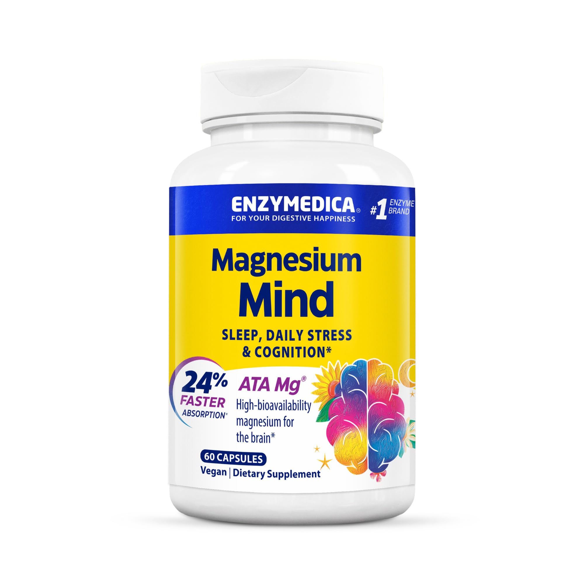 Enzymedica Magnesium Mind frente del envase mostrando etiqueta y beneficios