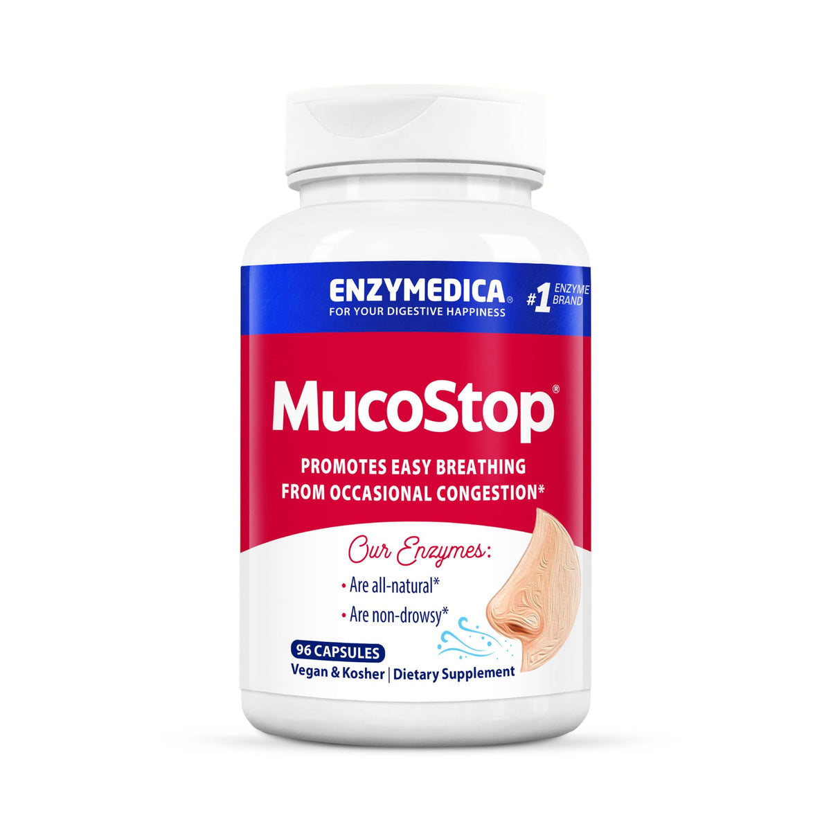 Enzymedica MucoStop frente del envase mostrando el formato de 96 cápsulas y beneficio respiratorio