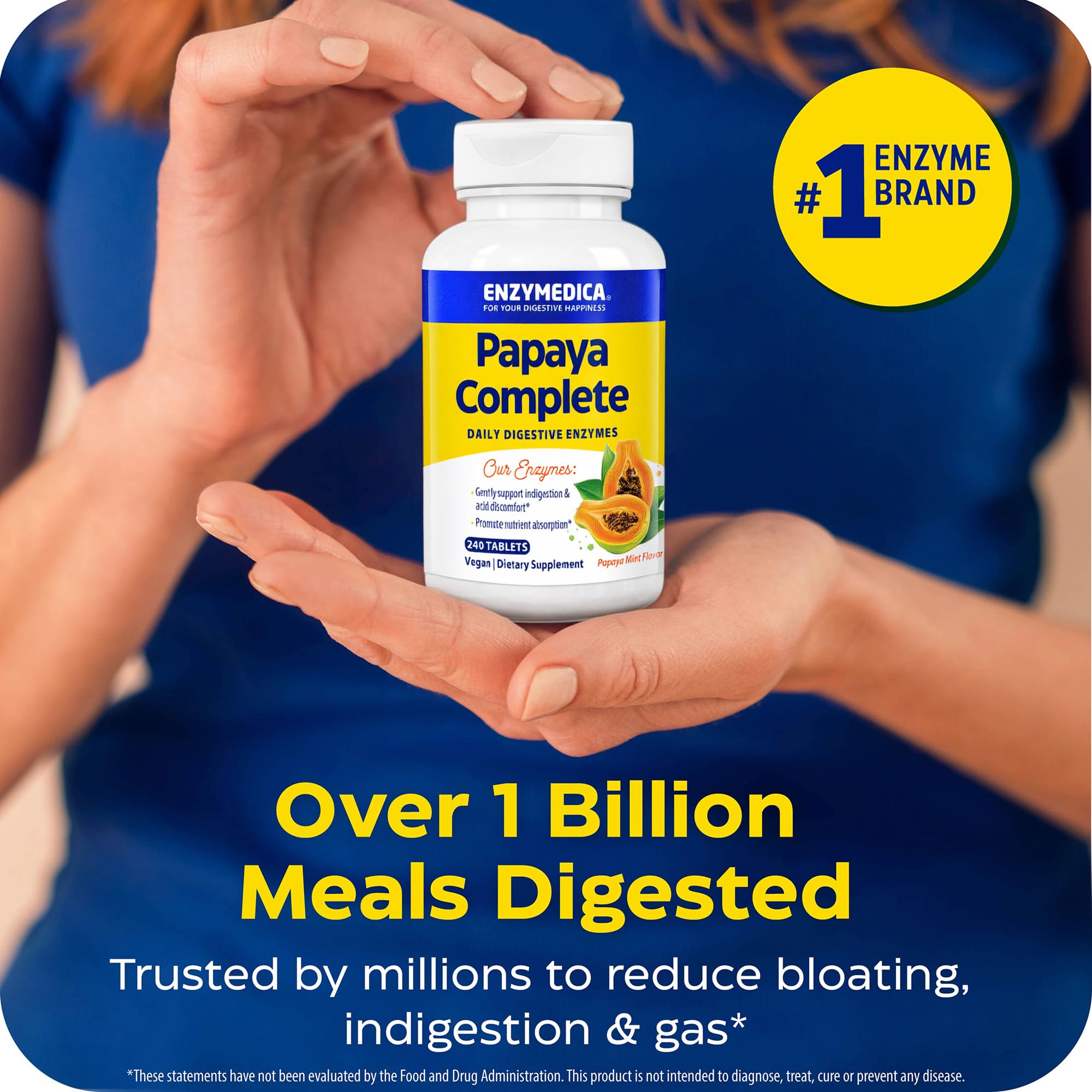 Botella Enzymedica Papaya Complete abierta con tabletas visibles, envase seguro y sellado