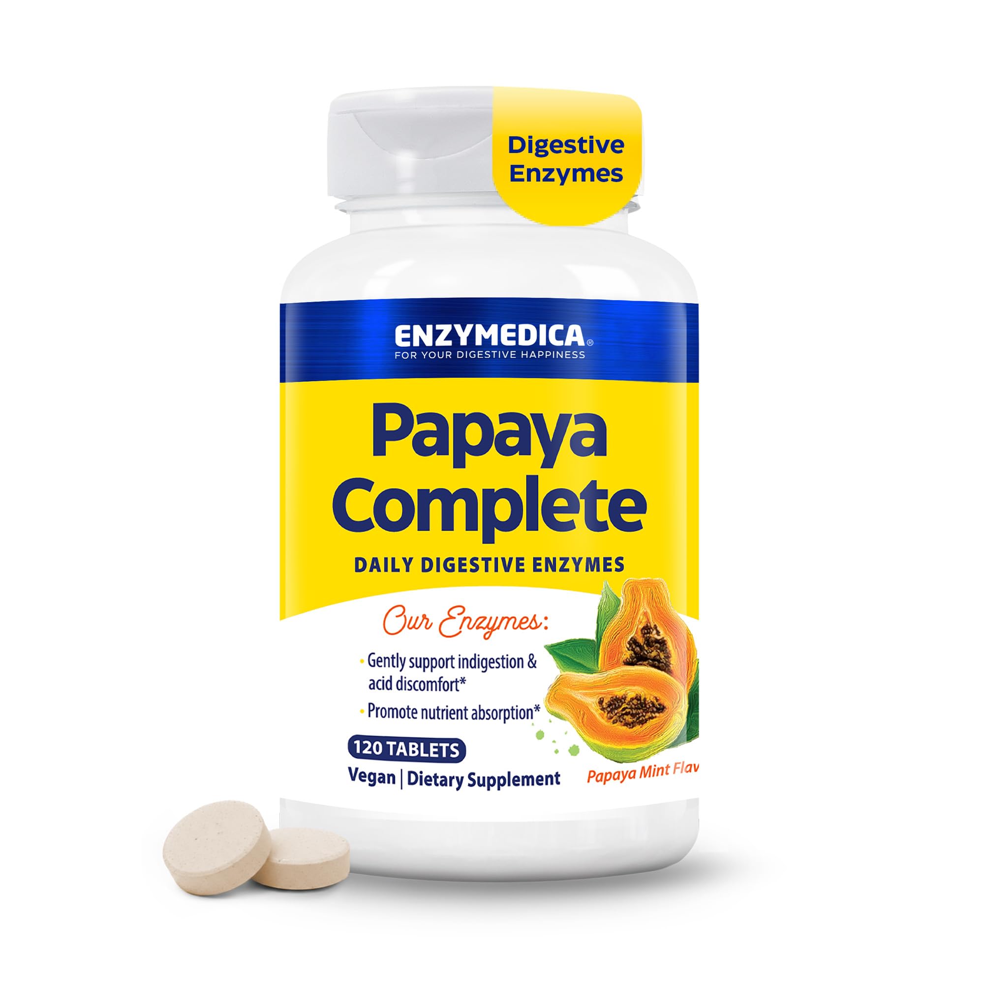 Enzymedica paquete frontal mostrando Papaya Complete y beneficio digestivo