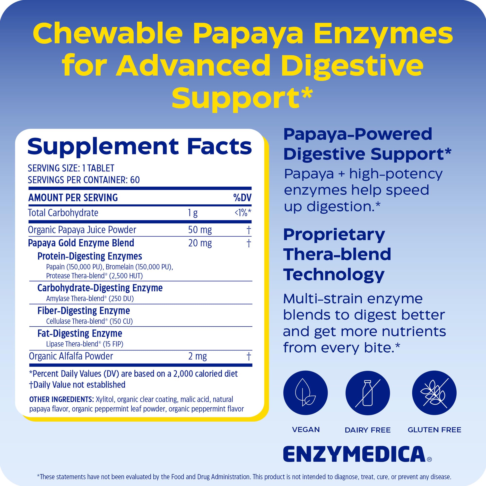 Enzymedica Papaya Gold tableta masticable mostrando tamaño y color menta