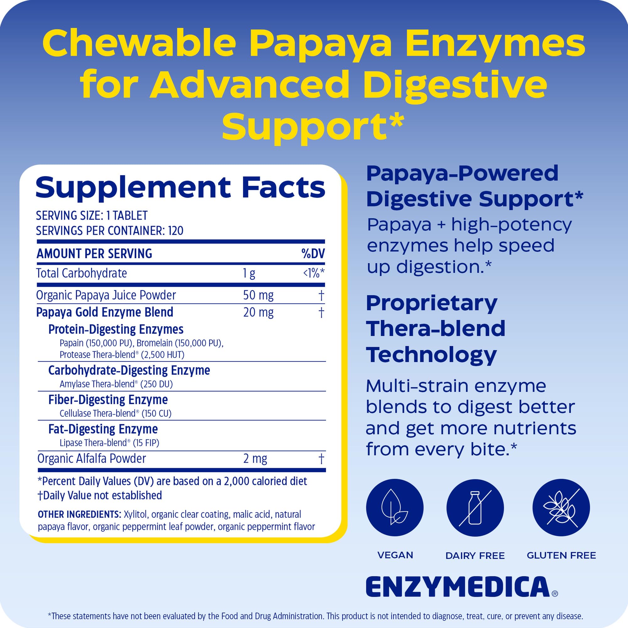 Tabletas masticables Enzymedica Papaya Gold sobre plato, fáciles de masticar