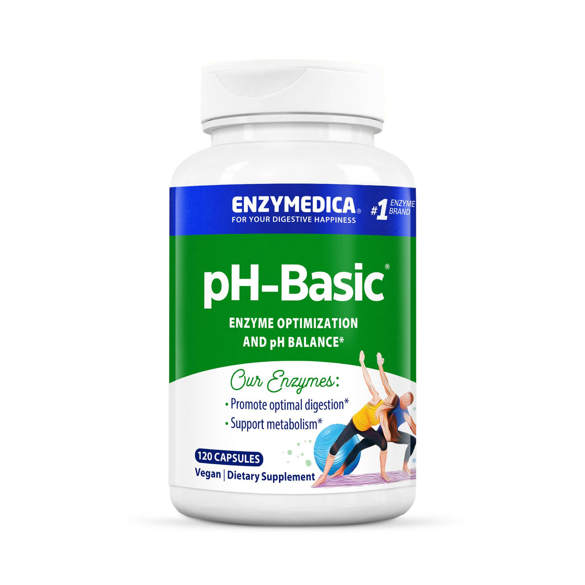 Enzymedica pH‑Basic frasco frontal con etiqueta clara mostrando 120 cápsulas