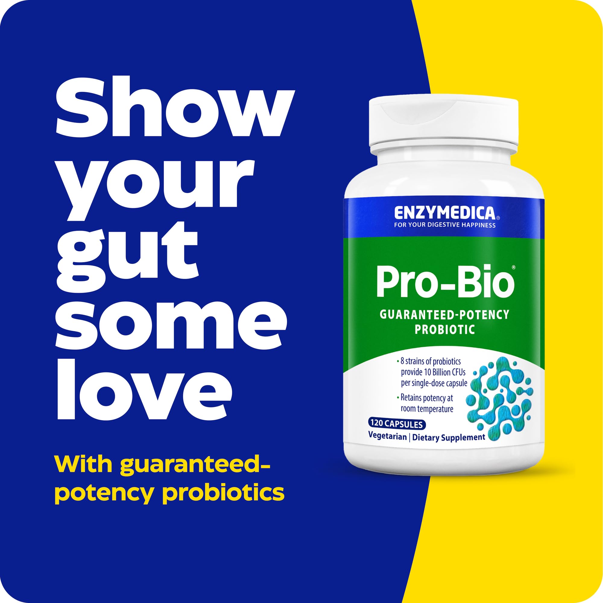 Enzymedica Pro-Bio cápsulas en mano demostrando porción práctica y comodidad