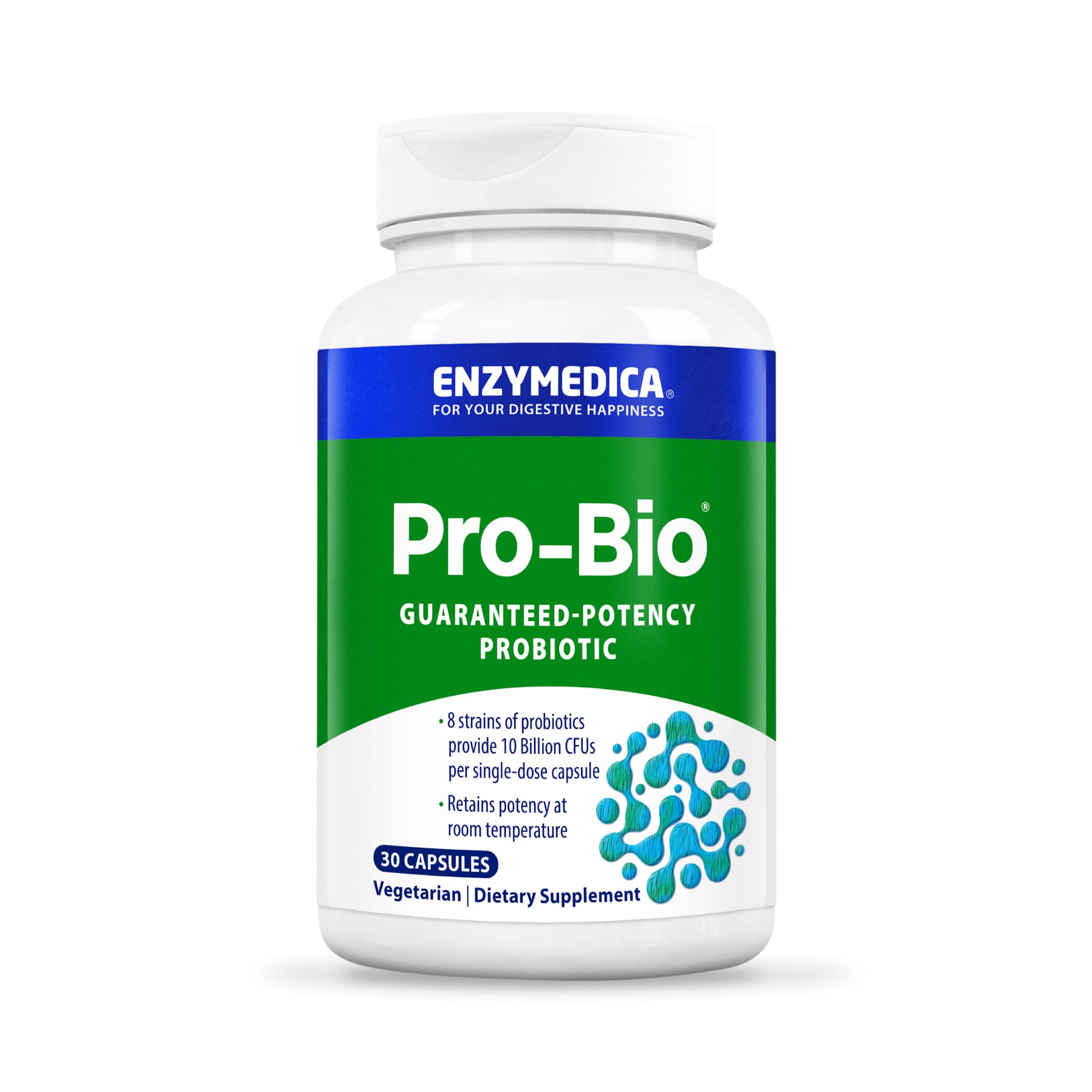 Enzymedica Pro-Bio frente del empaque, presenta dosis clara y beneficio digestivo