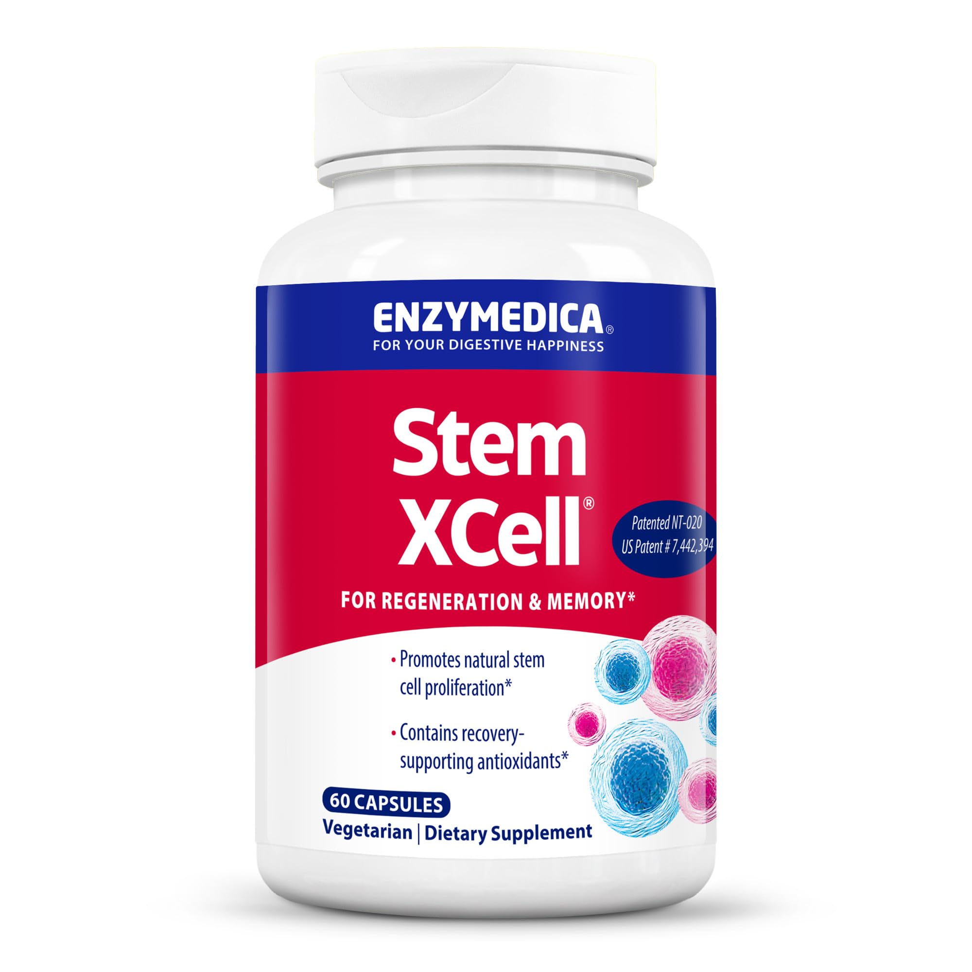 Enzymedica Stem XCell frontal del envase mostrando etiqueta y beneficios