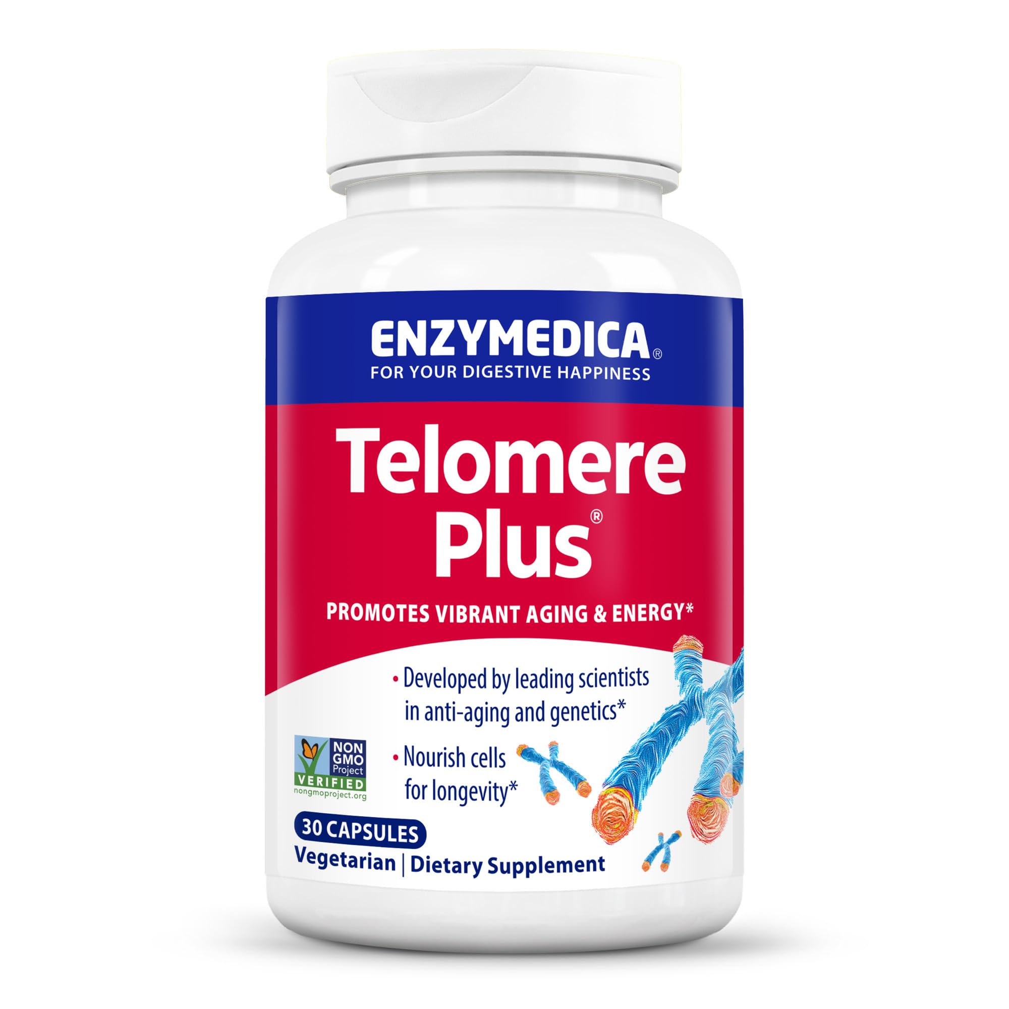 Enzymedica Telomere Plus, vista frontal del frasco que sugiere apoyo celular