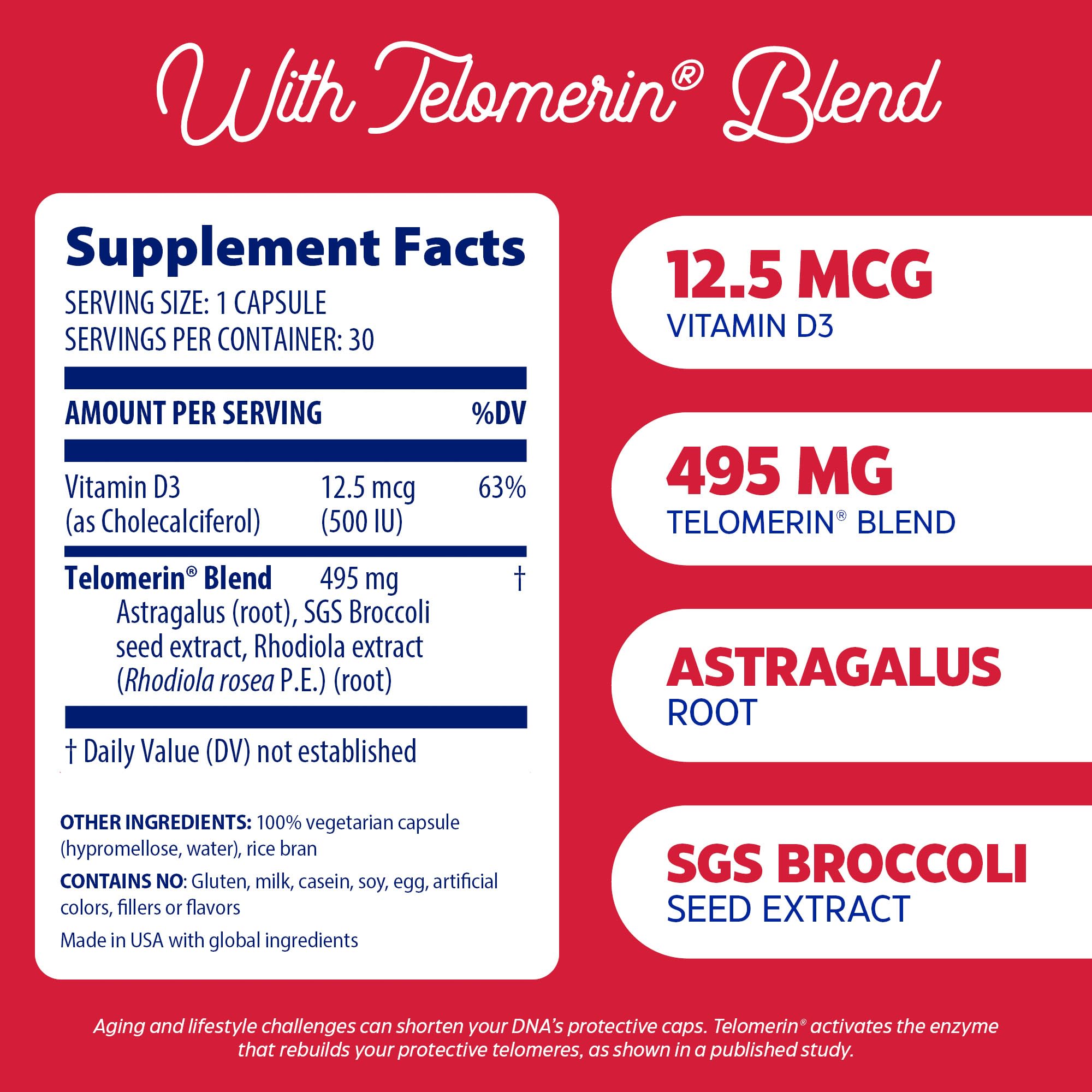 Enzymedica Telomere Plus junto a astrágalo y brócoli, ilustrando ingredientes botánicos