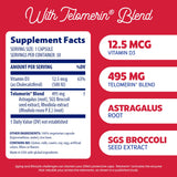 Enzymedica Telomere Plus junto a astrágalo y brócoli, ilustrando ingredientes botánicos