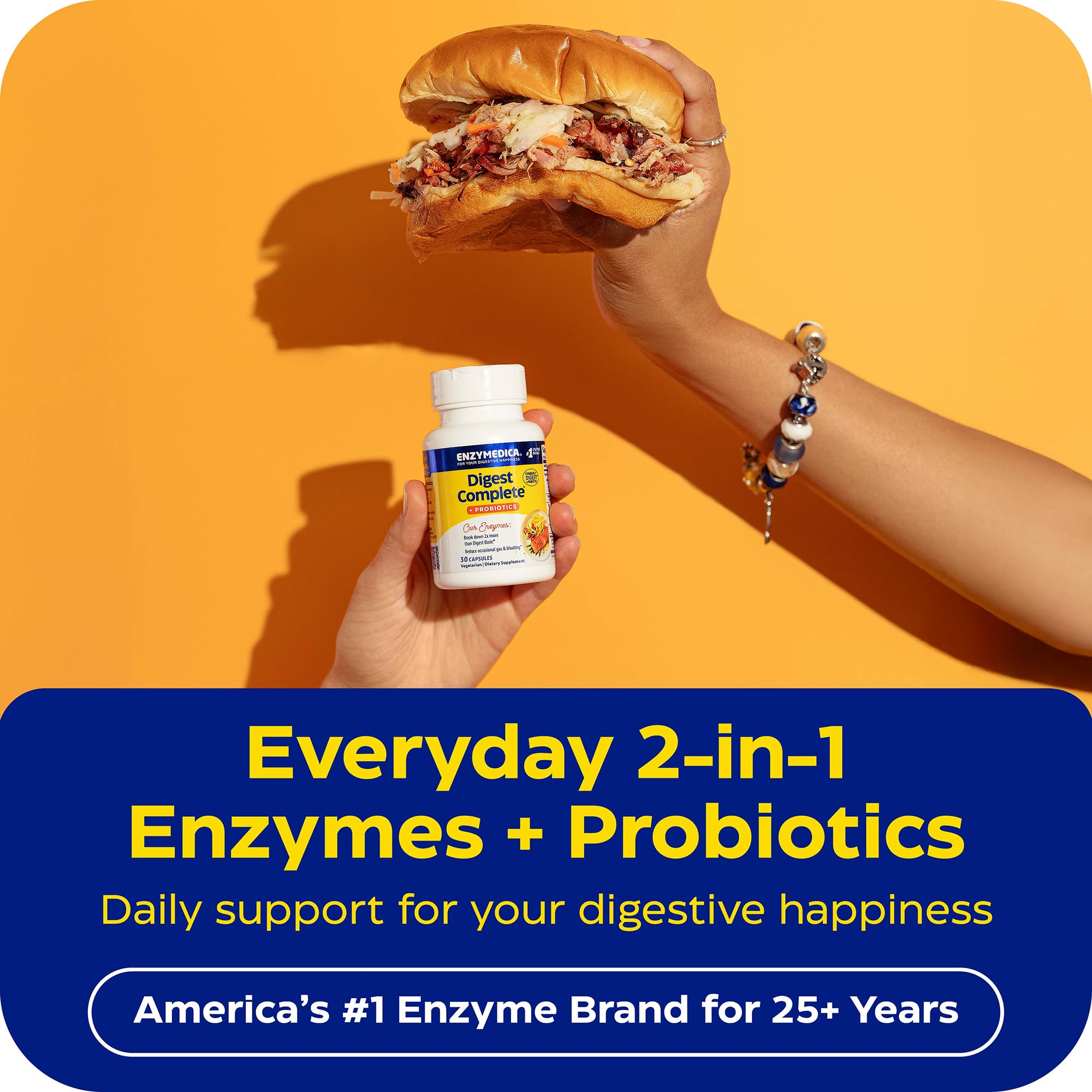 Enzymedica cápsula junto a un plato para ilustrar uso con comidas pesadas