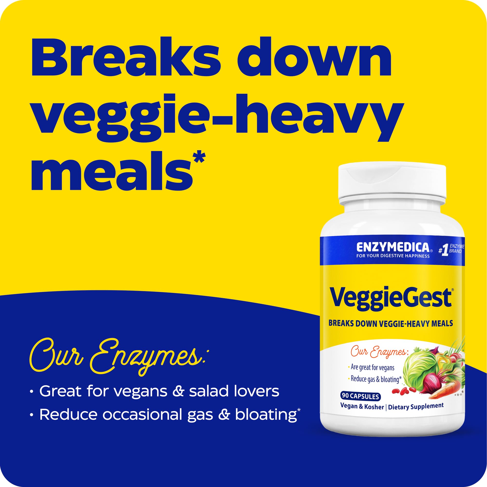 Enzymedica VeggieGest cápsulas en la palma para visualizar dosis fácil