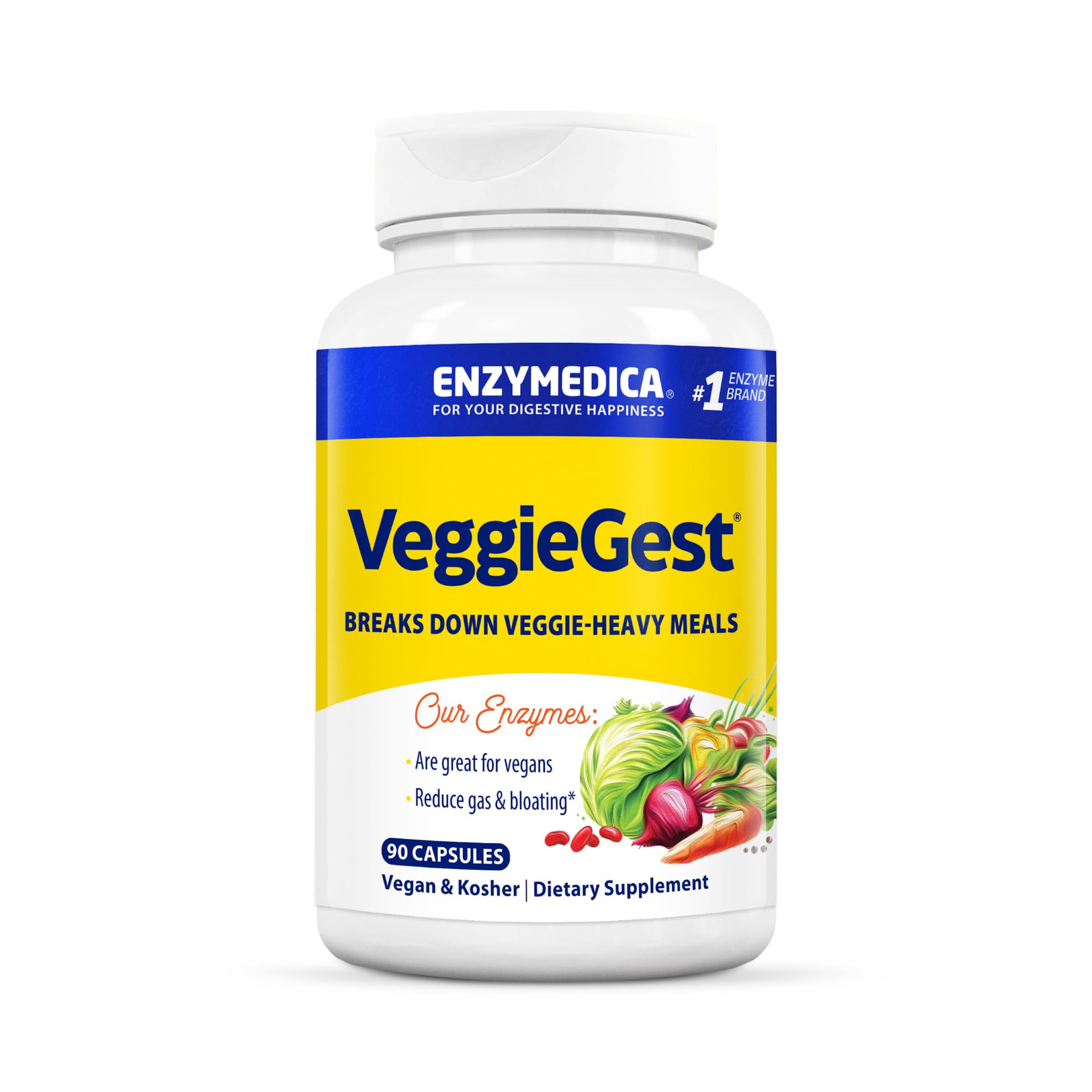 Enzymedica VeggieGest frente del envase mostrando etiqueta clara y beneficios