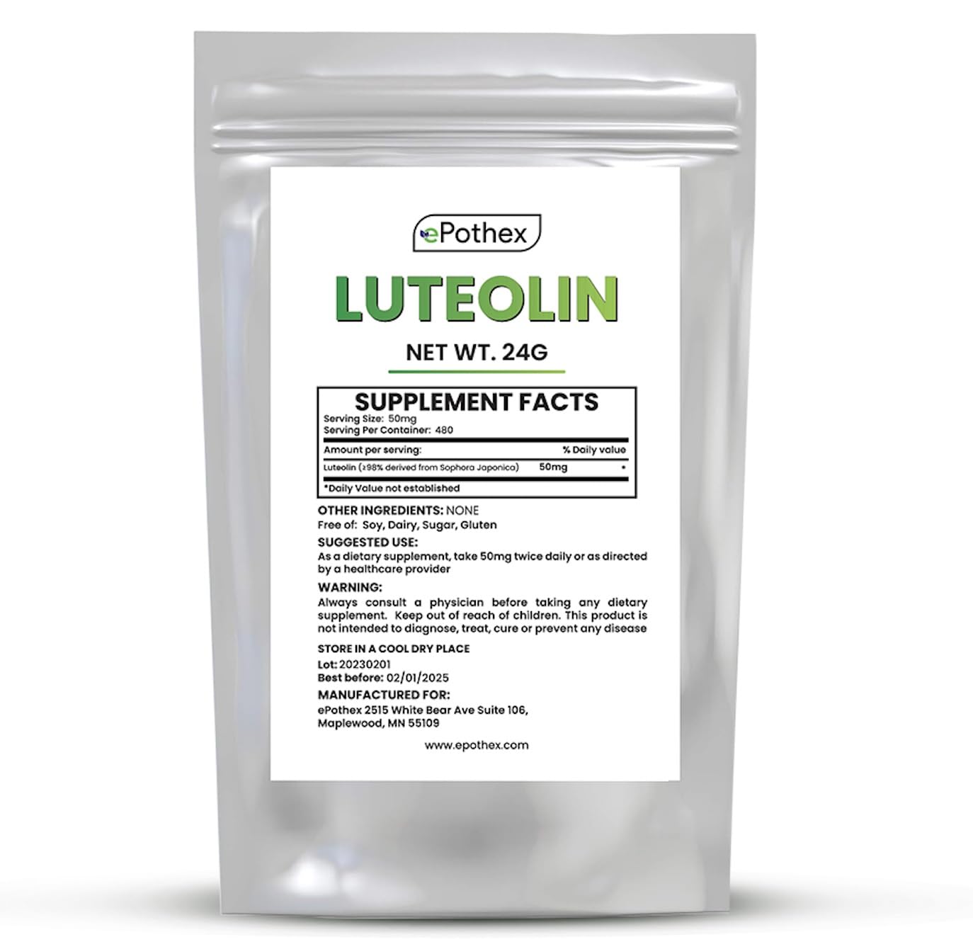 ePothex Luteolin Powder envase frontal mostrando etiqueta y beneficio de pureza