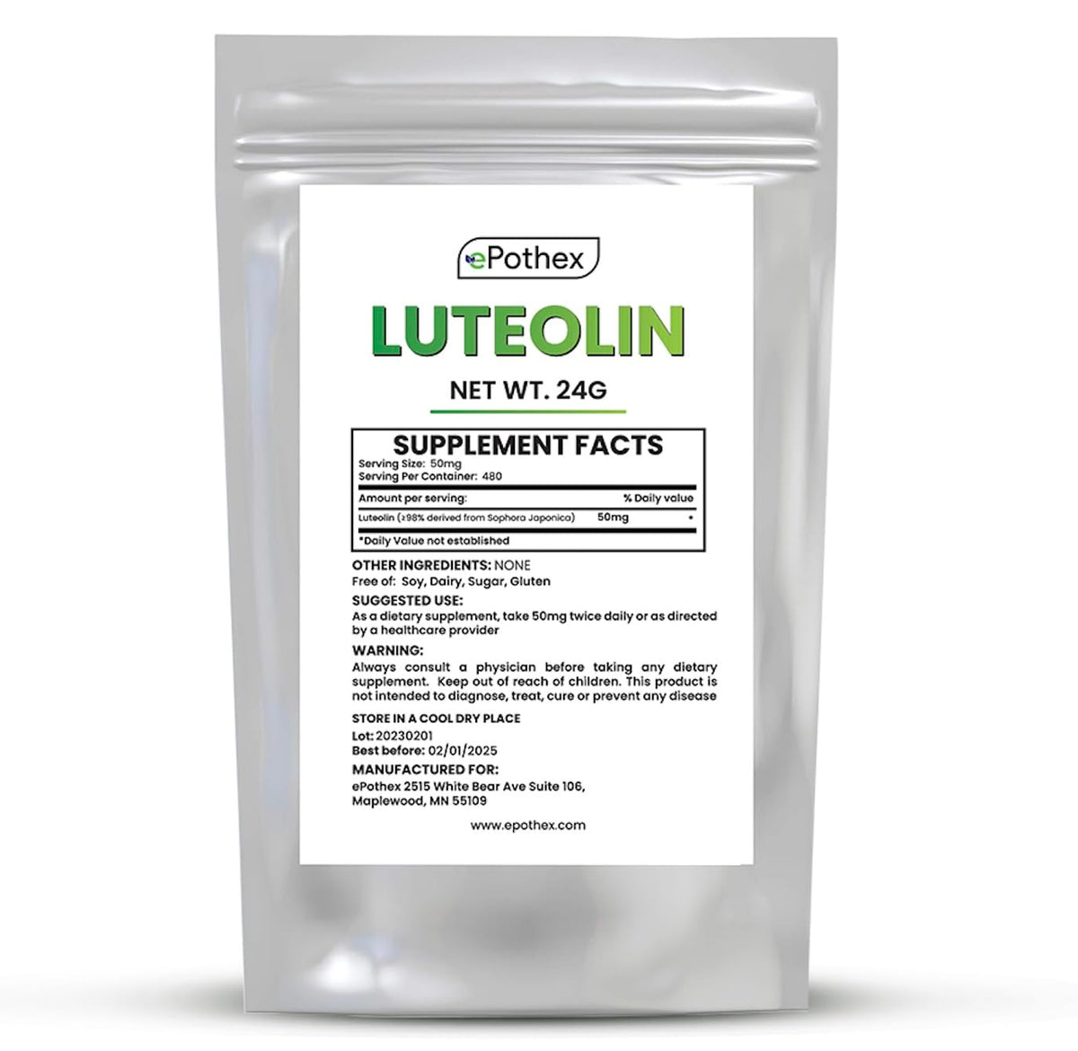 ePothex Luteolin Powder envase frontal mostrando etiqueta y beneficio de pureza
