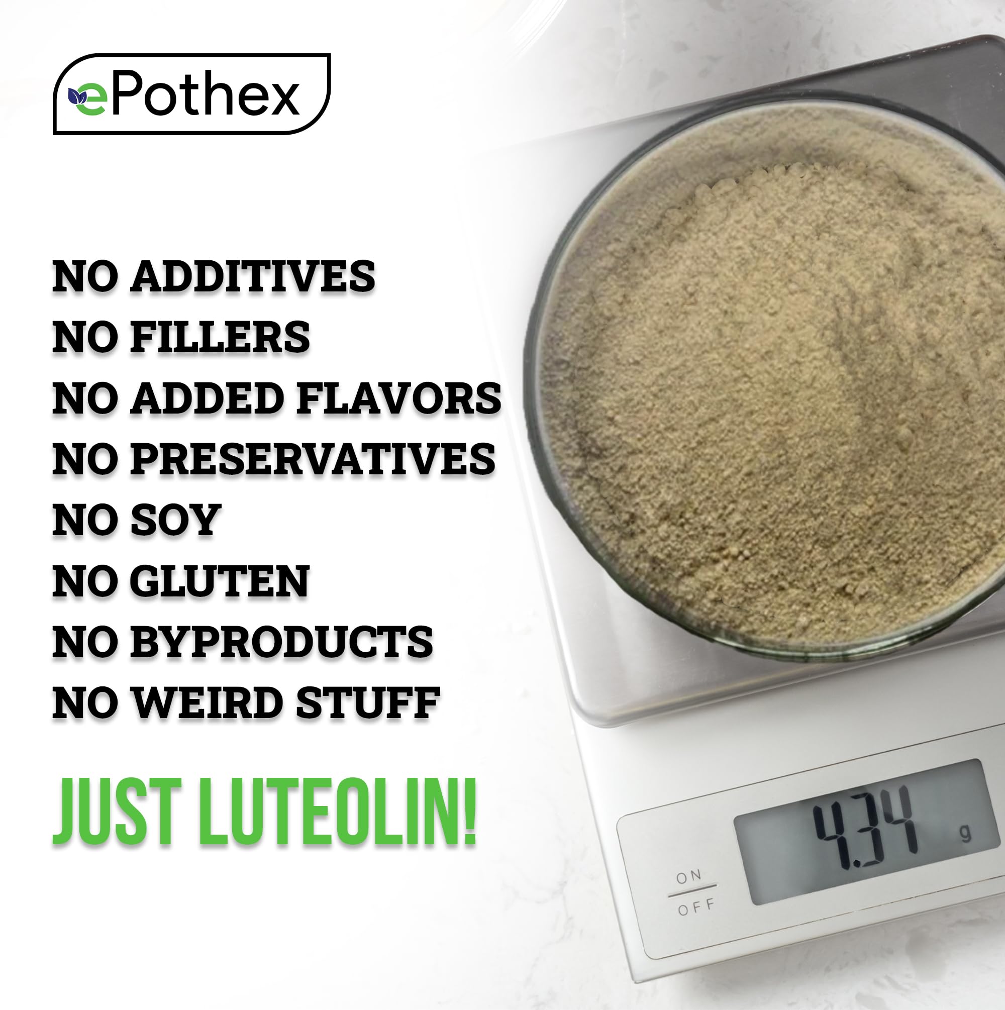 ePothex Luteolin Powder textura en detalle, polvo fino para mezcla fácil