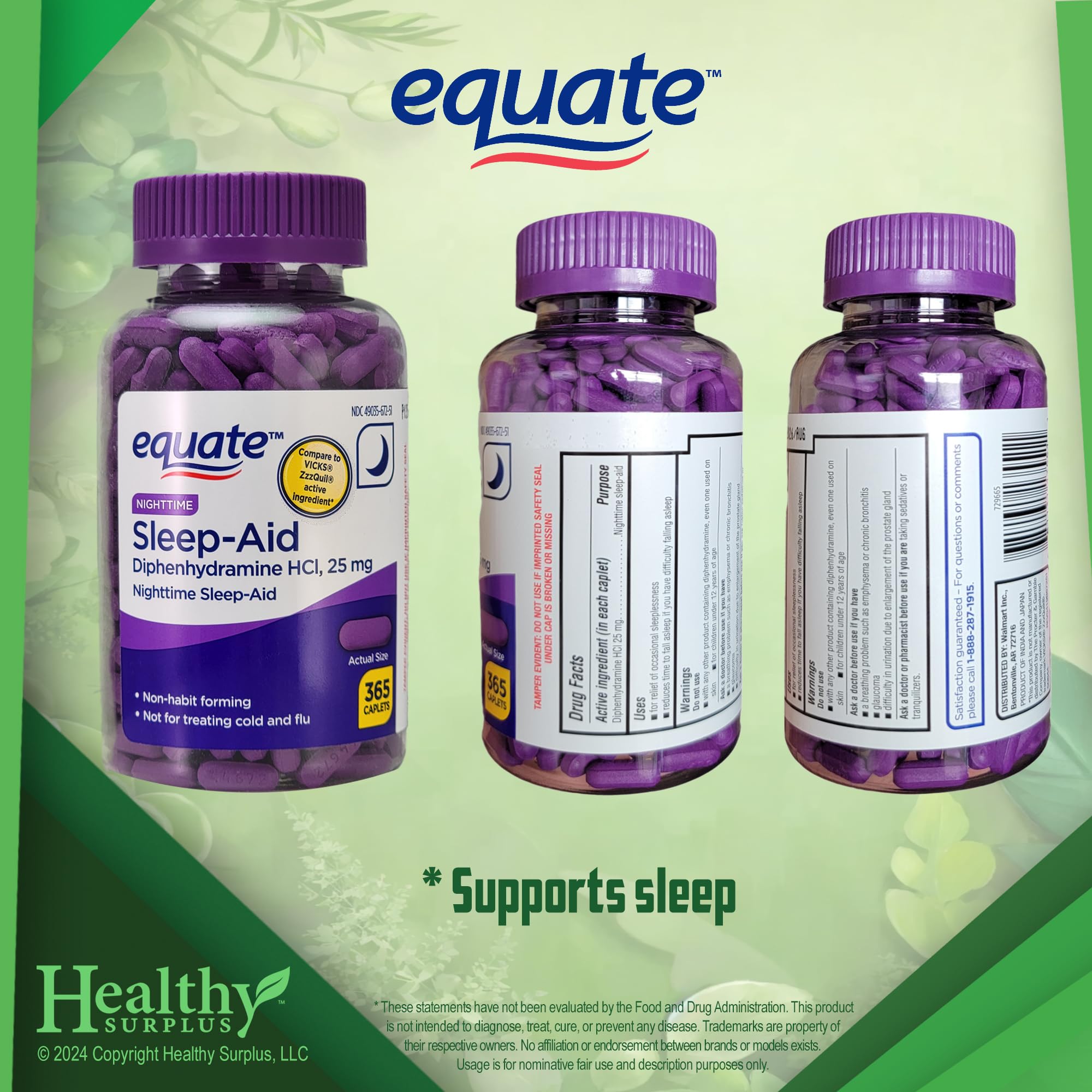 Healthy Surplus Equate Sleep‑Aid caplet detalle de textura fácil de tragar
