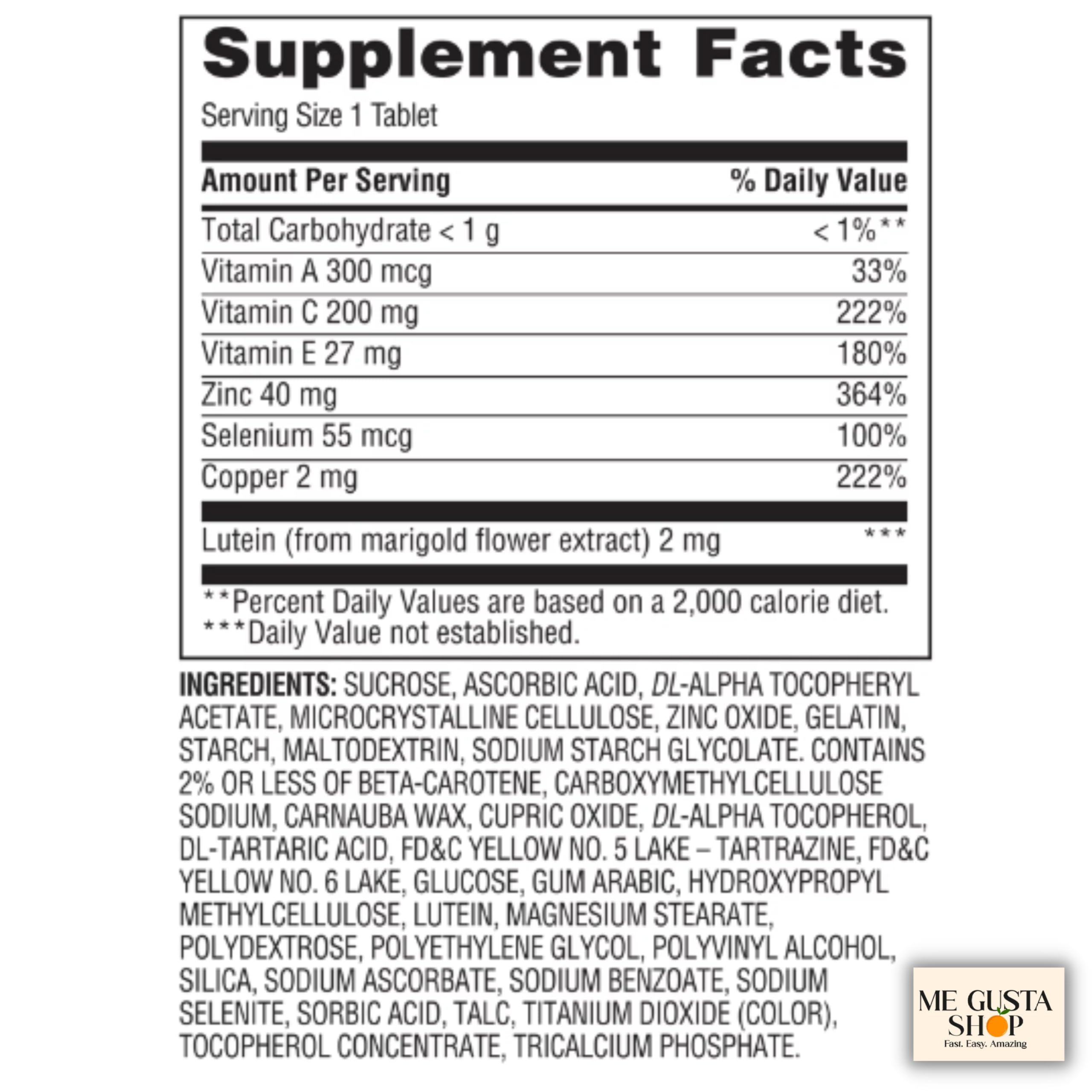 ME GUSTA SHOP etiqueta con ingredientes, muestra luteína y vitaminas clave