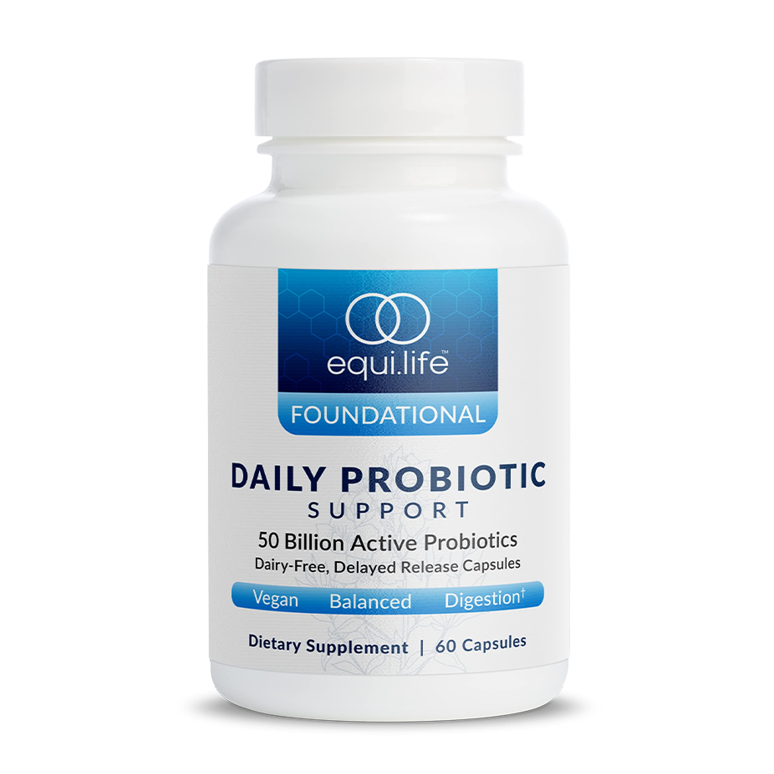Equilife frasco frontal mostrando 60 cápsulas y beneficio digestivo