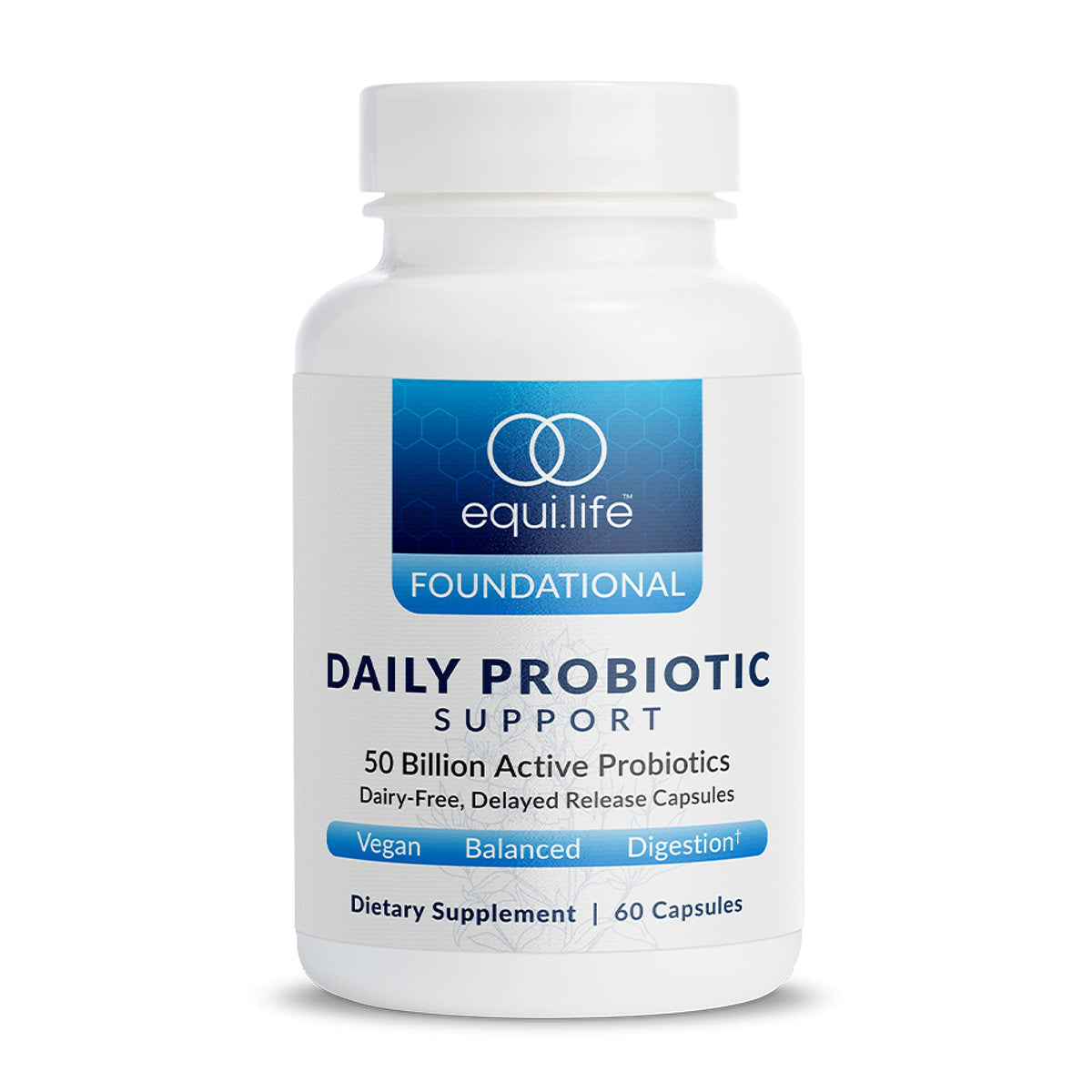 Equilife frasco frontal mostrando 60 cápsulas y beneficio digestivo
