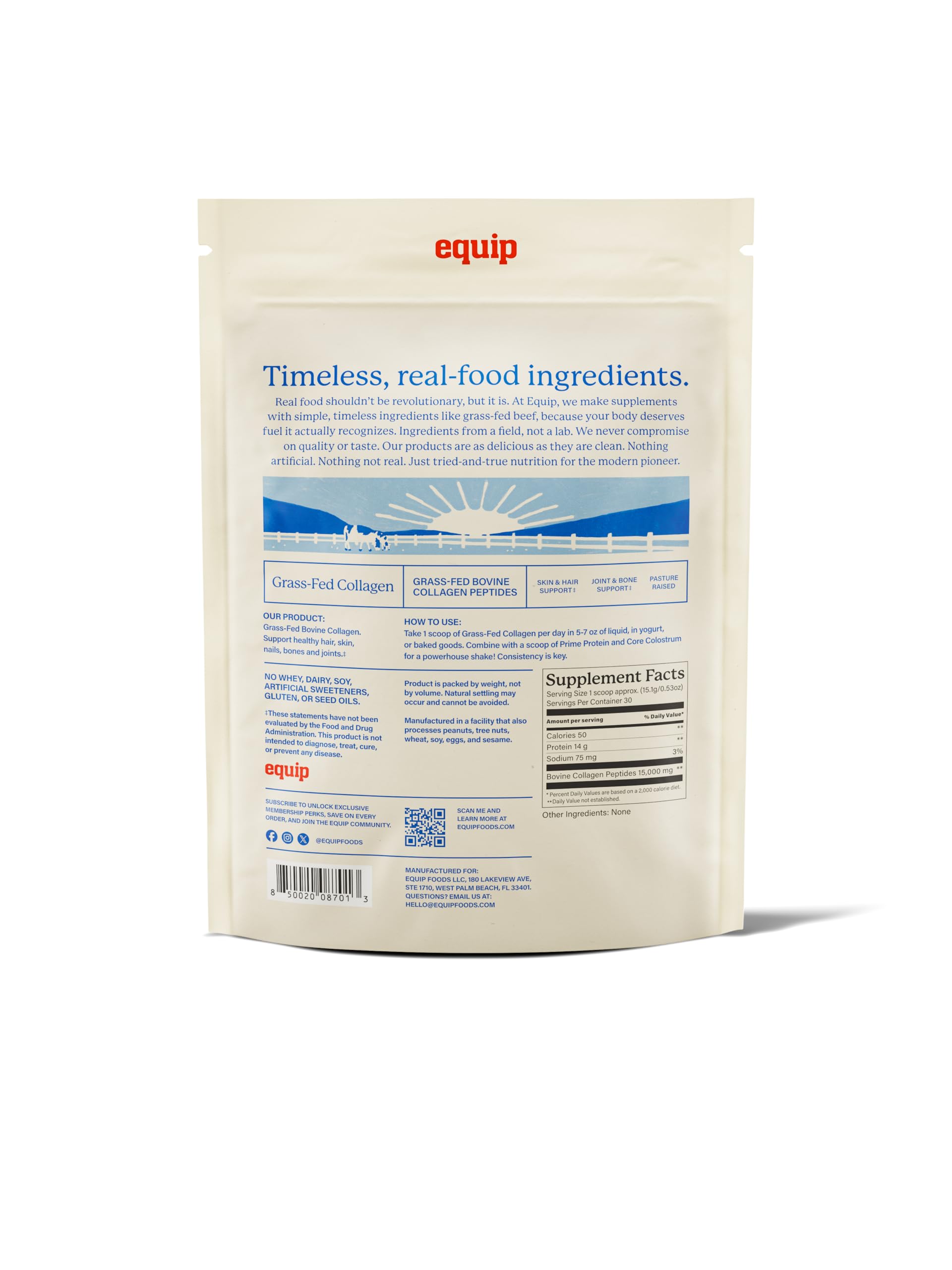 Equip bol con colágeno en polvo destacando ingrediente único y puro