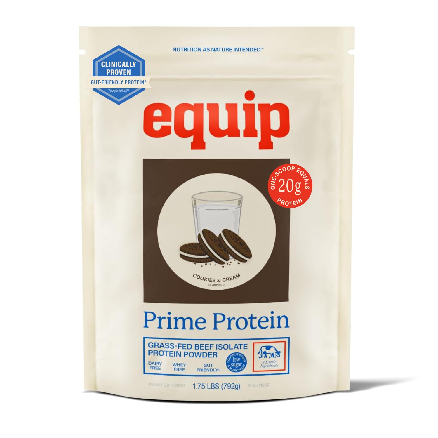 Equip Prime frontal del envase mostrando sabor cookies & cream y beneficios