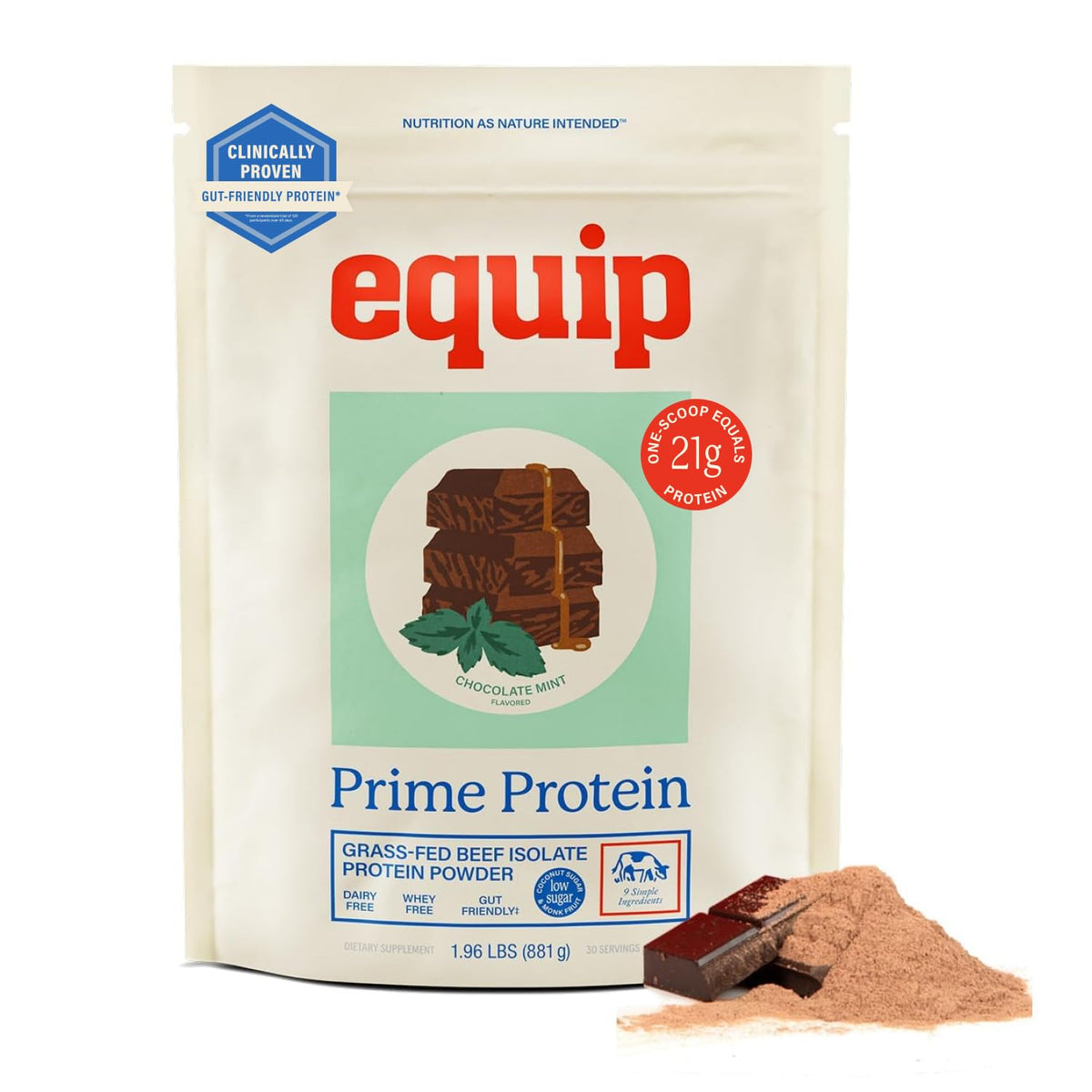 Equip Prime envase frontal mostrando sabor chocolate menta y beneficios proteicos