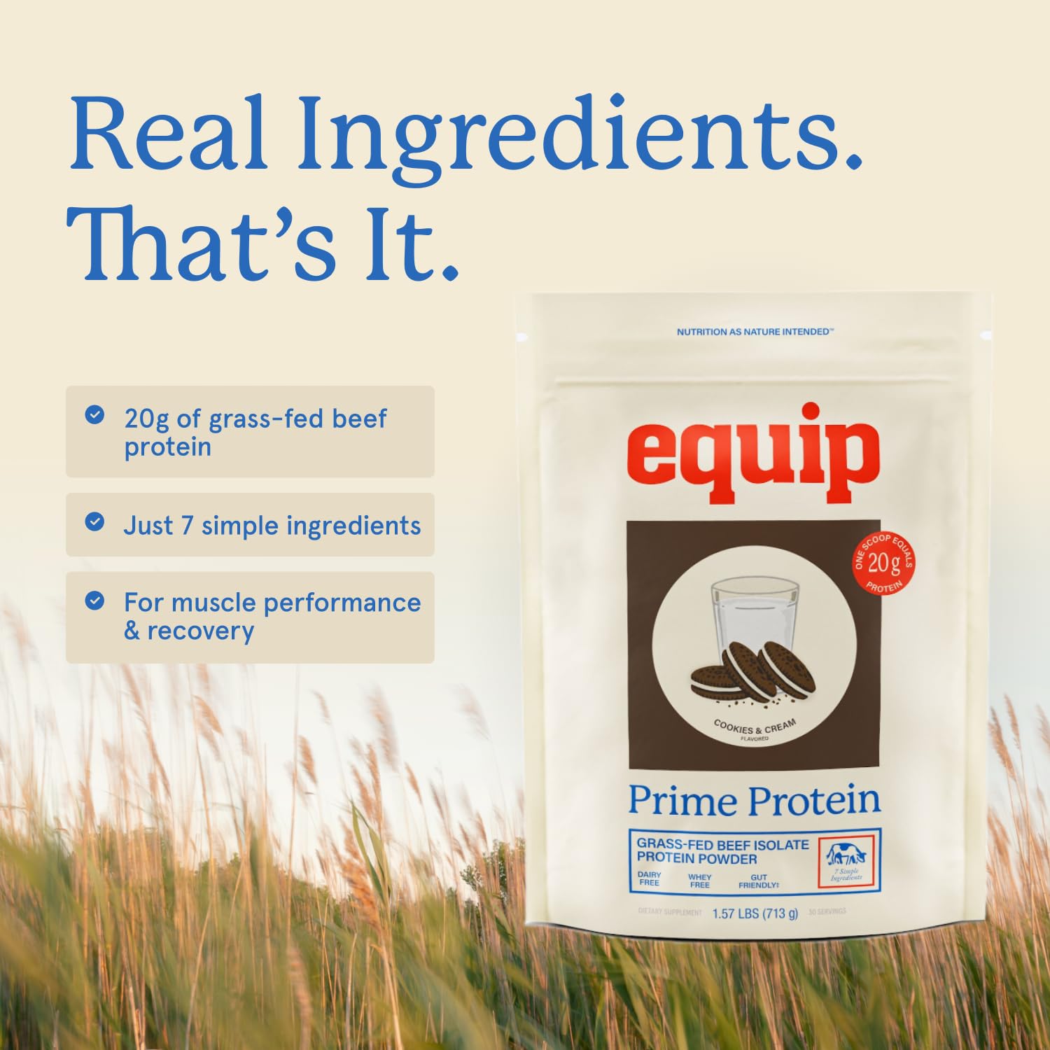 Etiqueta de Equip Prime mostrando ingredientes clave y certificaciones claras