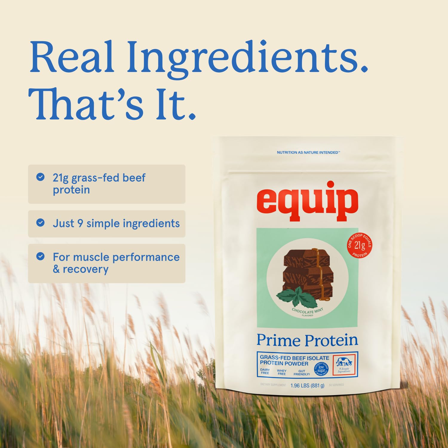 Equip Prime etiqueta de ingredientes, origen alimentado con pasto verificado