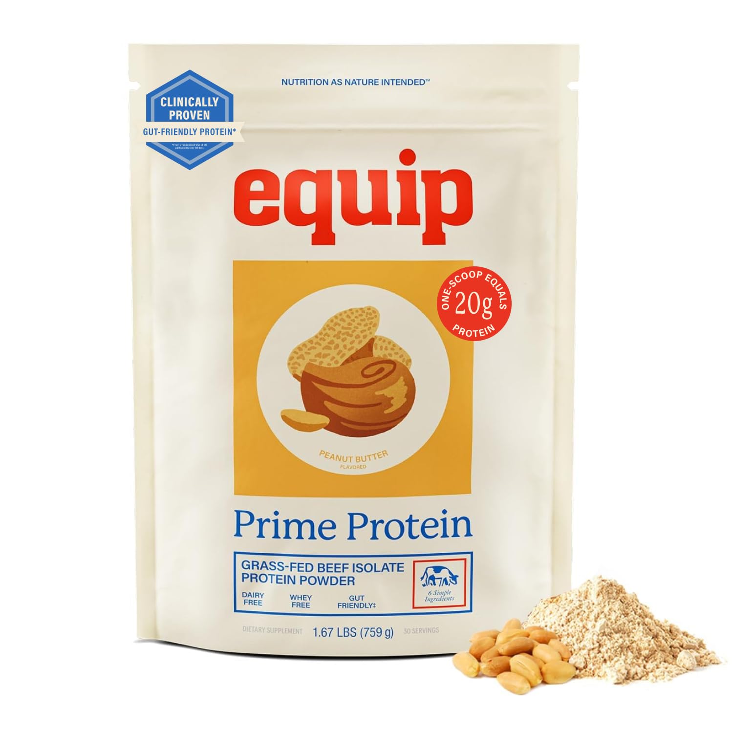 Equip envase frontal del polvo proteico mostrando marca y ventaja sin azúcar
