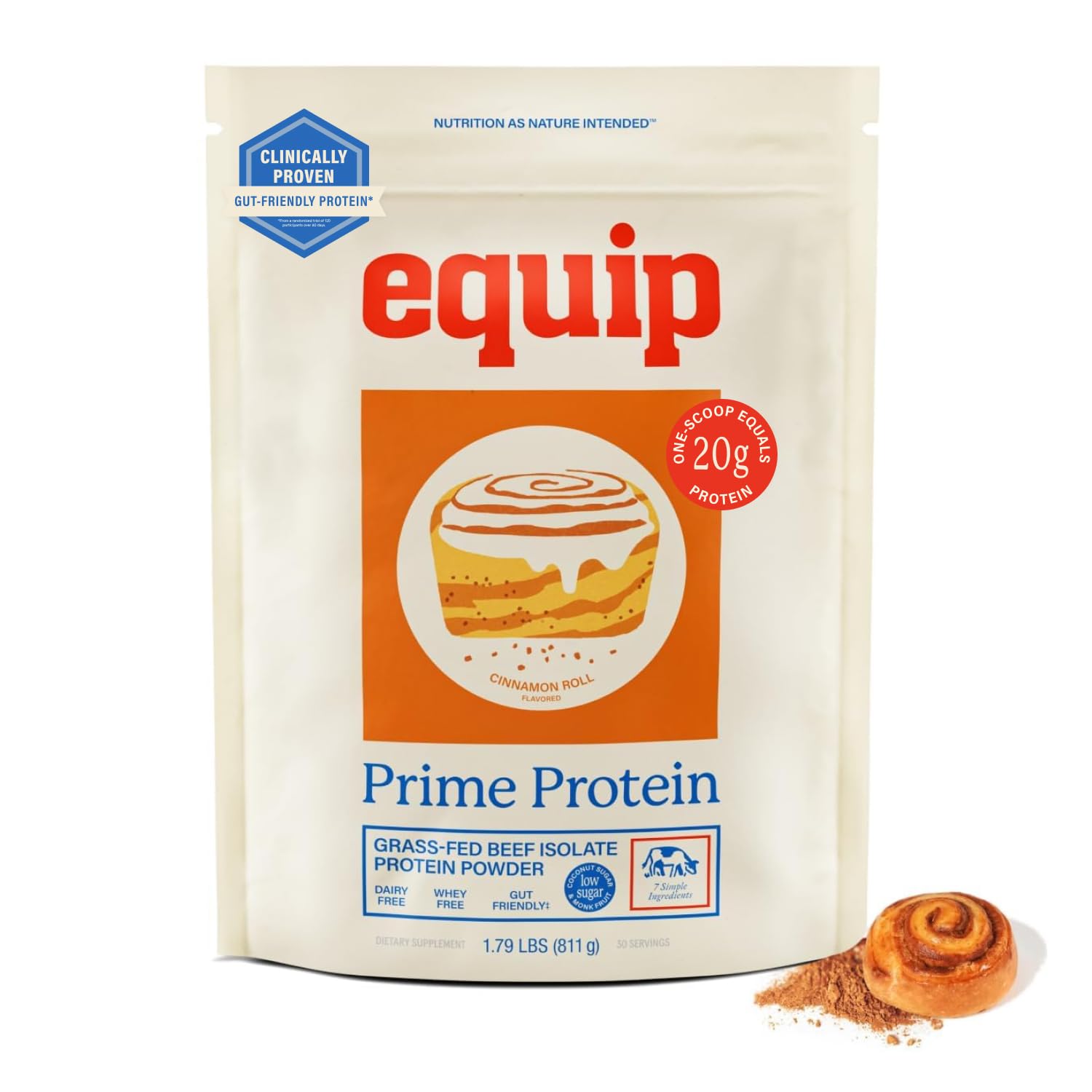 Equip envase frontal mostrando sabor rollo de canela y beneficio limpieza de ingredientes