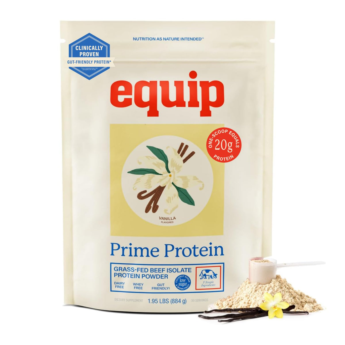 Equip Prime envase frontal mostrando sabor vainilla y beneficios, ideal para sustituir suero