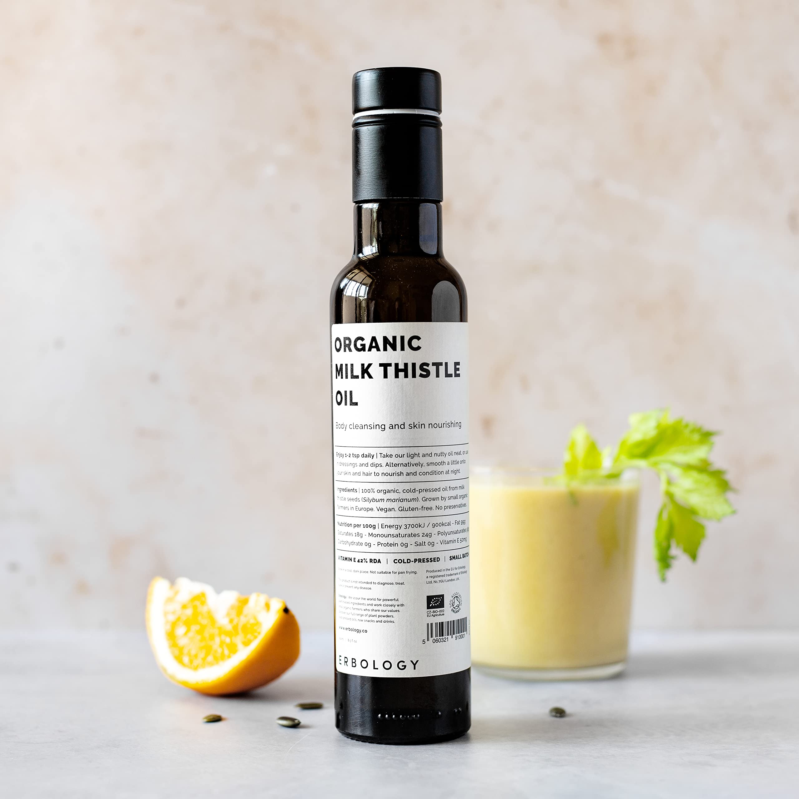 Erbology gotas de aceite de cardo mariano resaltando textura ligera y beneficios nutritivos