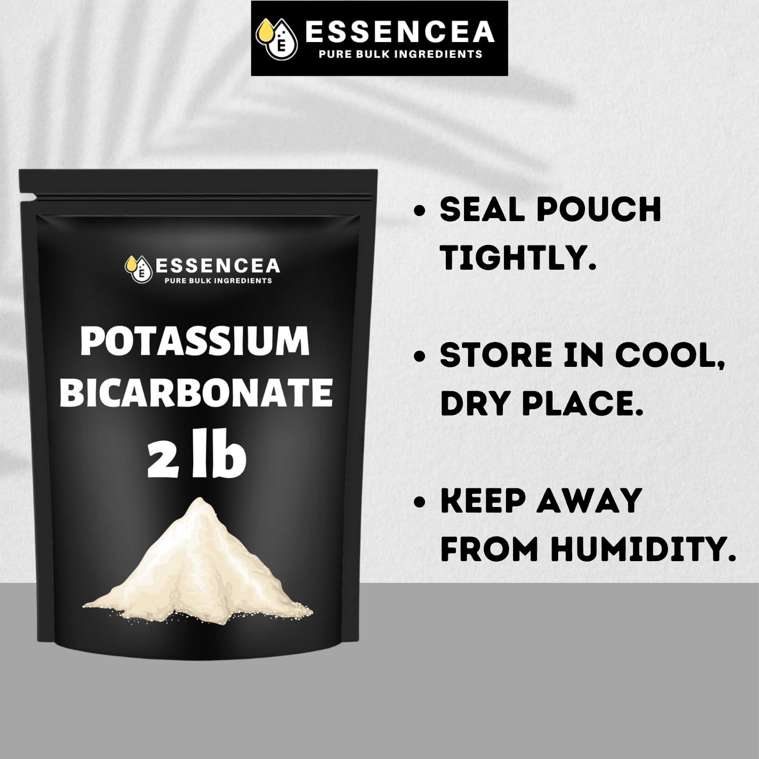 Essencea etiqueta con lista de ingredientes 100% bicarbonato de potasio