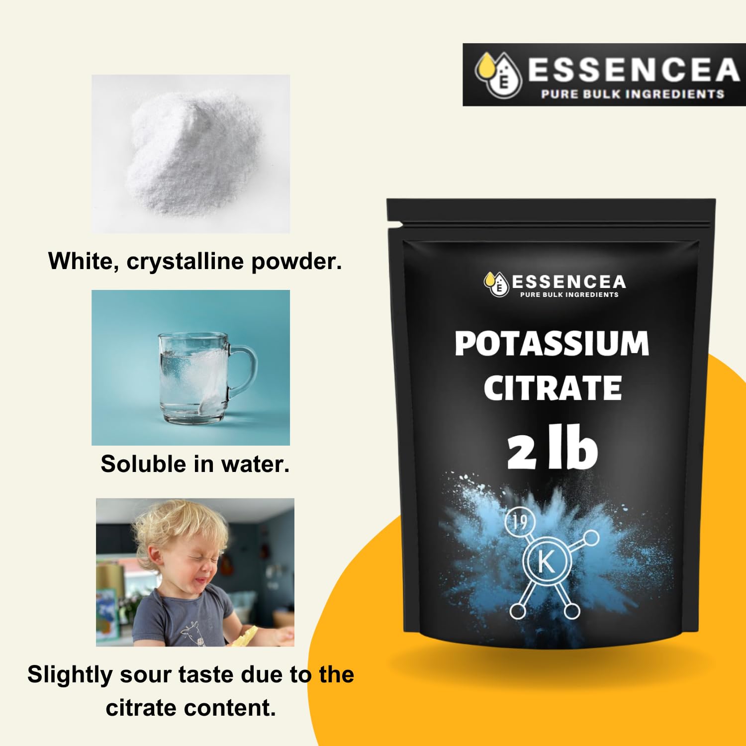 Essencea etiqueta e información nutricional aclarando ingredientes 100% Potassium Citrate