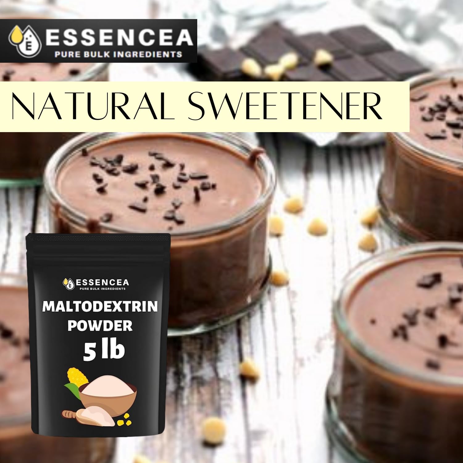 Etiqueta nutricional de Essencea maltodextrina detallando pureza y sin aditivos