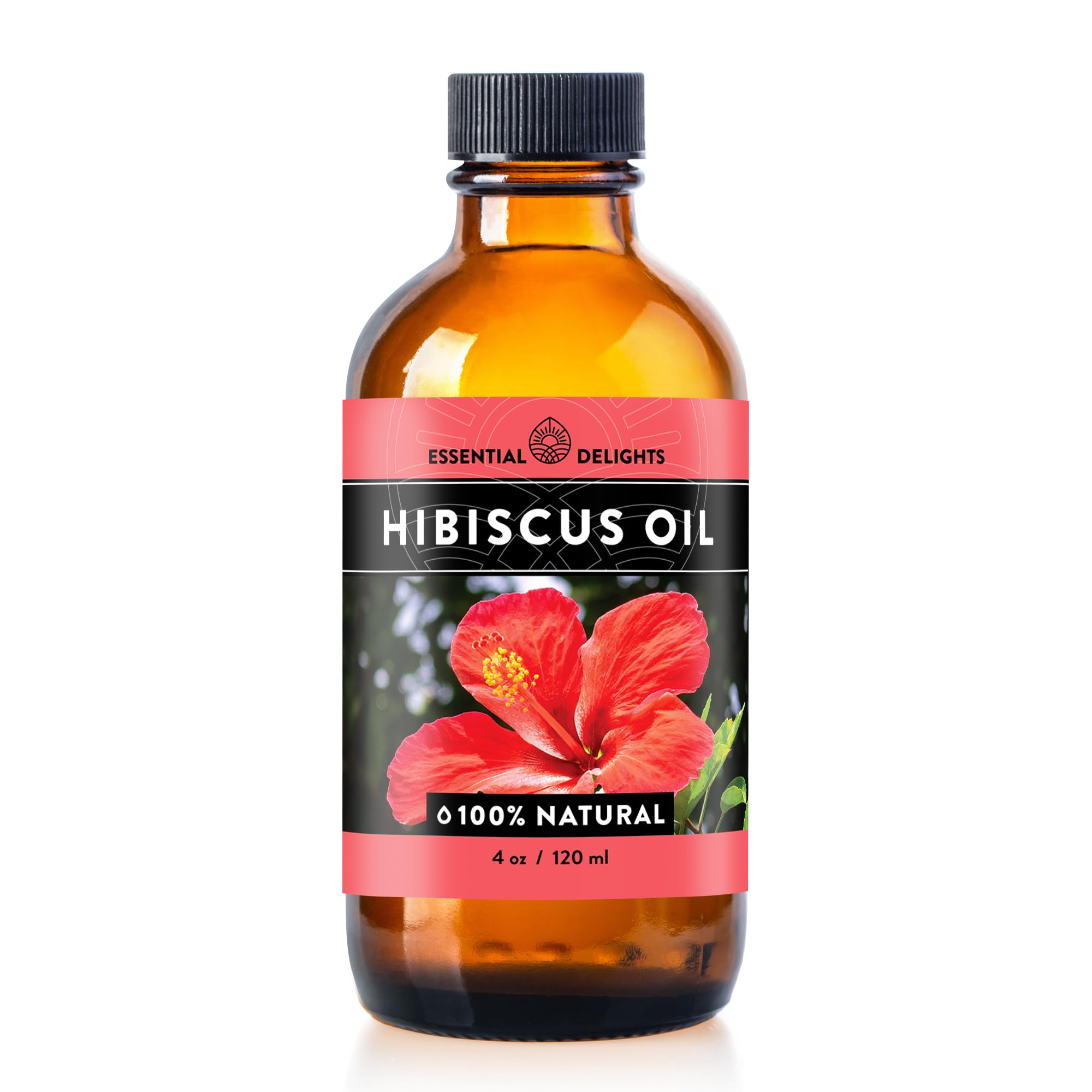 Essential Delights aceite hibiscus frasco frontal, visual limpio y profesional